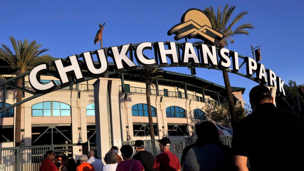 Fans arrive at Chukchansi Park in Fresno, Calif., Sept. 18, 2015, for a minor-league baseball game between the Fresno Grizzlies and the Round Rock Express.