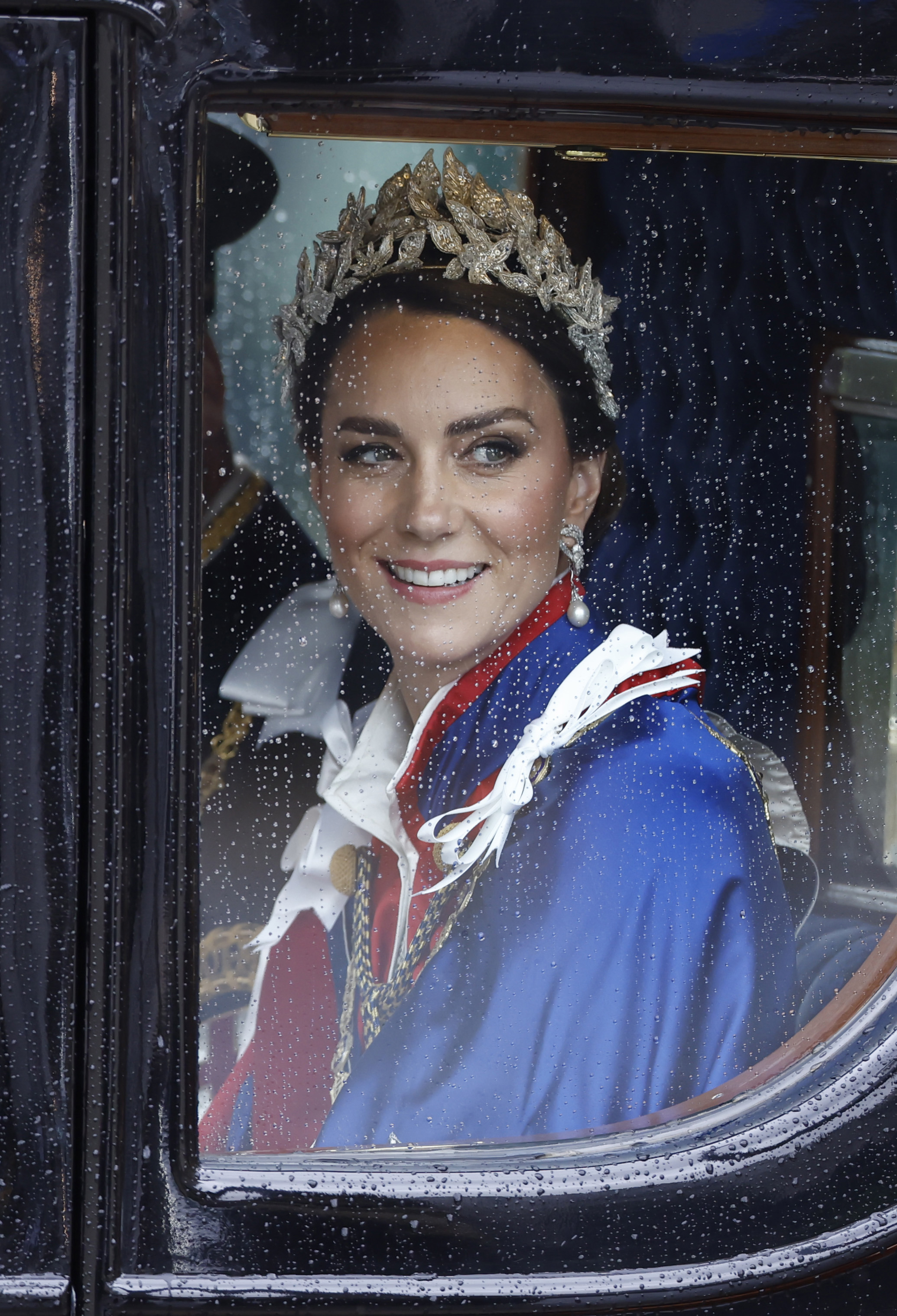 Kate Middleton, Princess of Wales departs the Coronation of King Charles III and Queen Camilla on May 06, 2023 in London, England. 