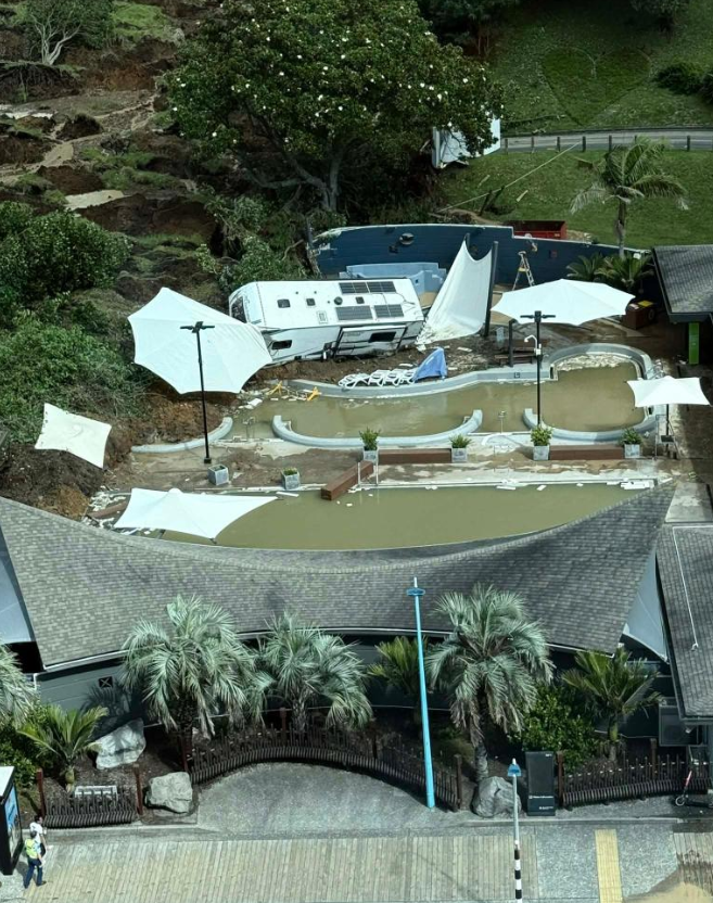 The scene at the Mount Hot Pools after a major land slide ripped thorough a Mount Maunganui campground. Photo: Jess Pedersen