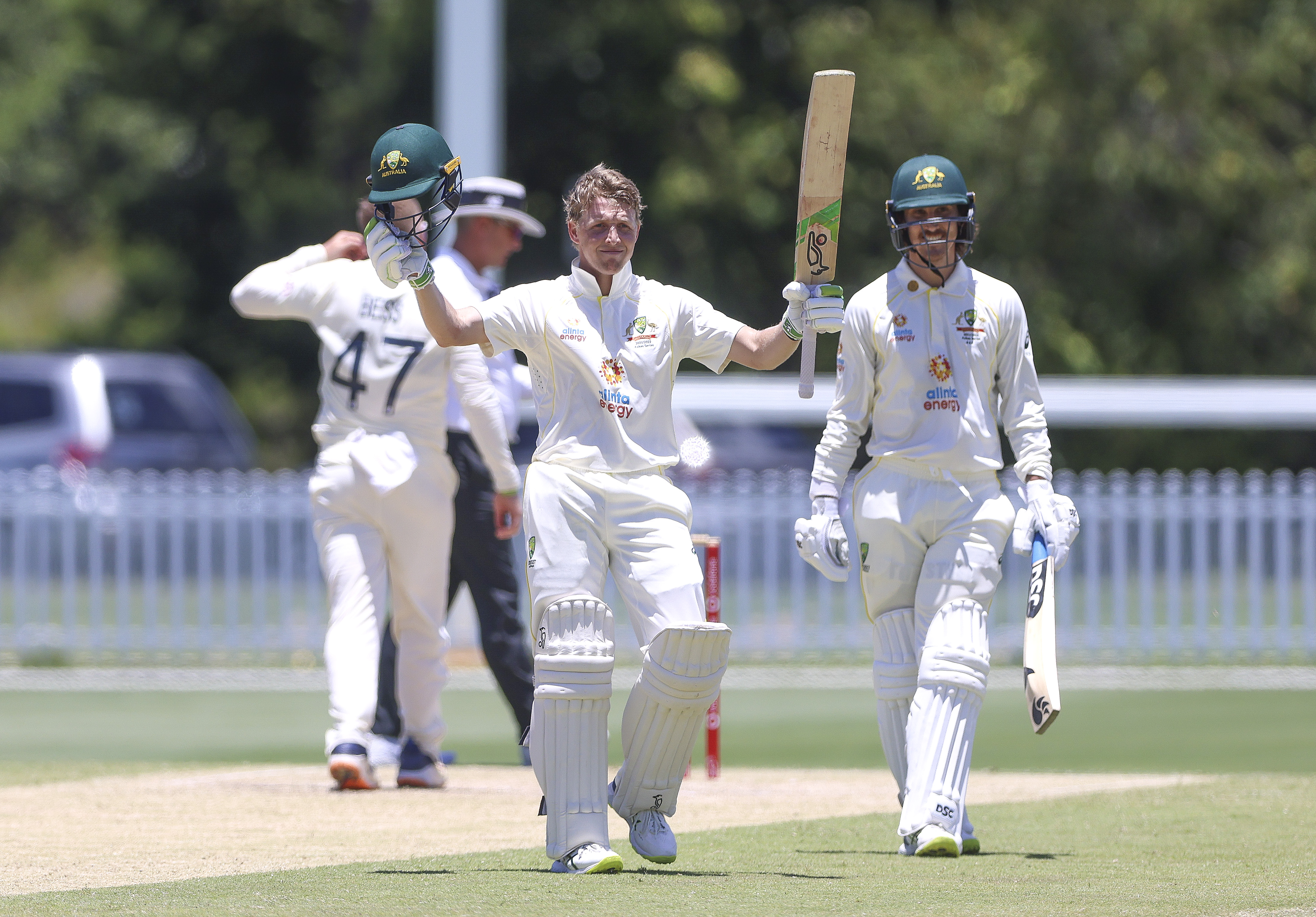 Australia A's Bryce Street gets his 100 during the tour match between Australia A and England Lions at Ian Healy Oval.