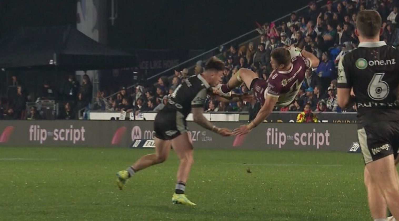 Reuben Garrick was left injured after this challenge by Charnze Nicoll-Klokstad that saw him land flat on his back.