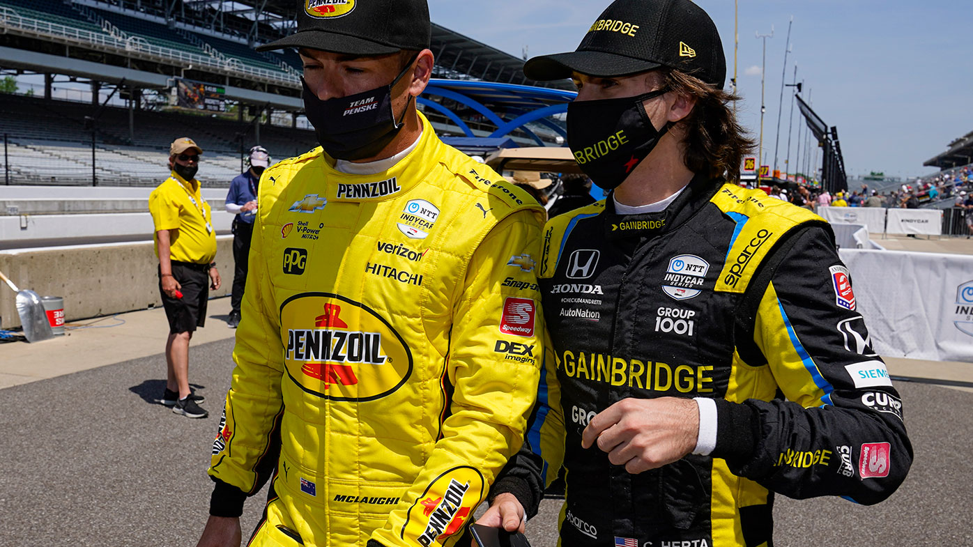 Scott McLaughlin (left) and Colton Herta were involved in a frightening moment during practice for the Indy500.