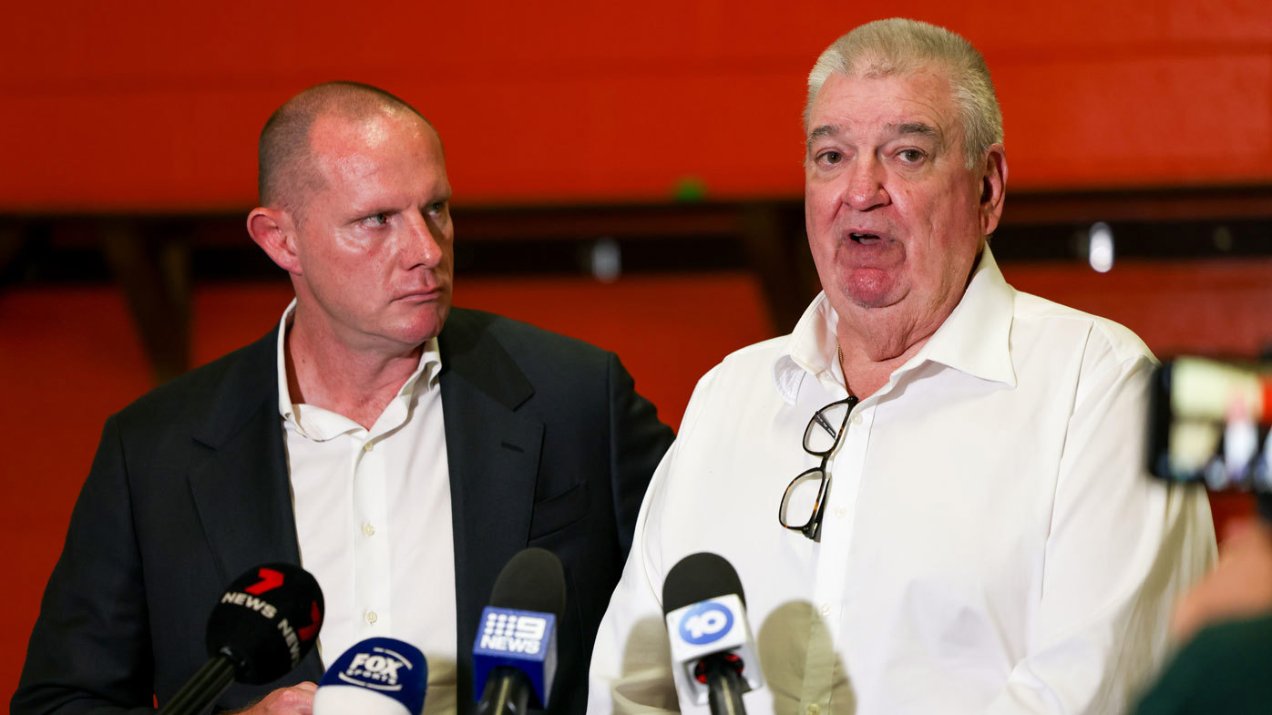 Wests Tigers CEO Shane Richardson (right) addresses the media alongside Inner West Sydney Council Mayor Darcy Byrne. 
