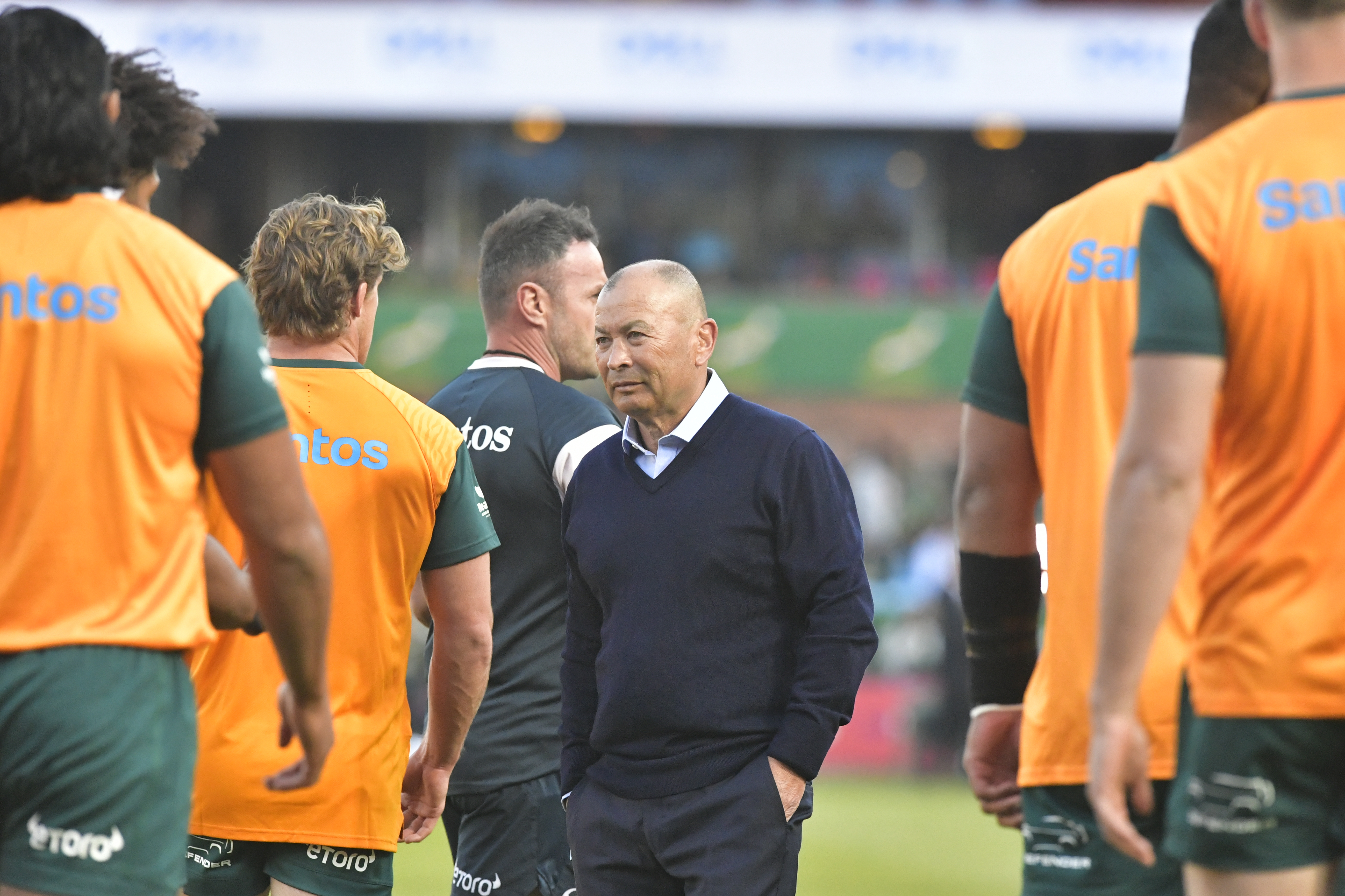 Eddie Jones with players of the Wallabies in South Afriace ahead of the first Rugby Championship clash.