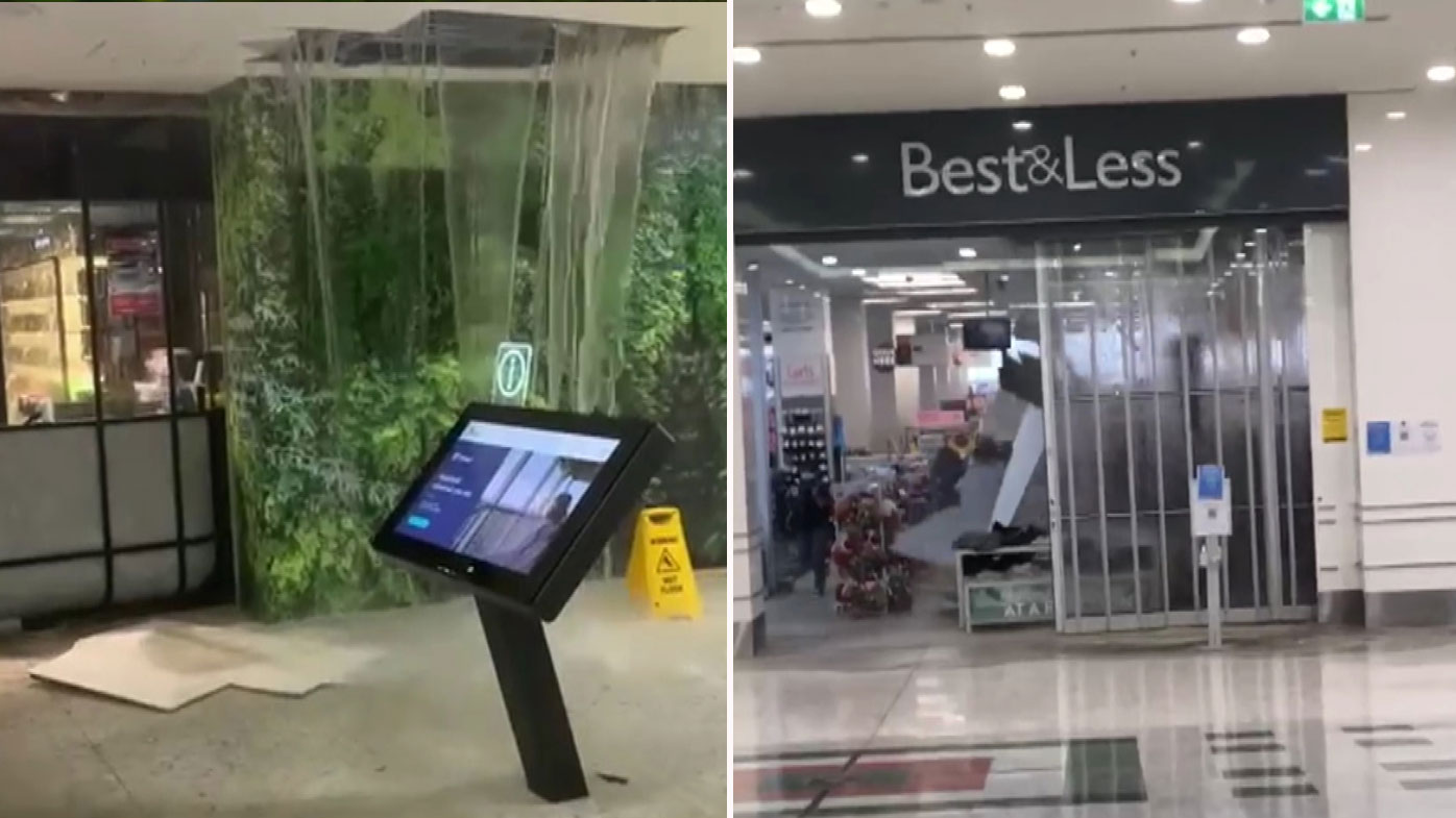The roof at Westfield Mt Druitt collapsed, sending water gushing down into the shops (left) and caving in ceilings (right). sydney storm