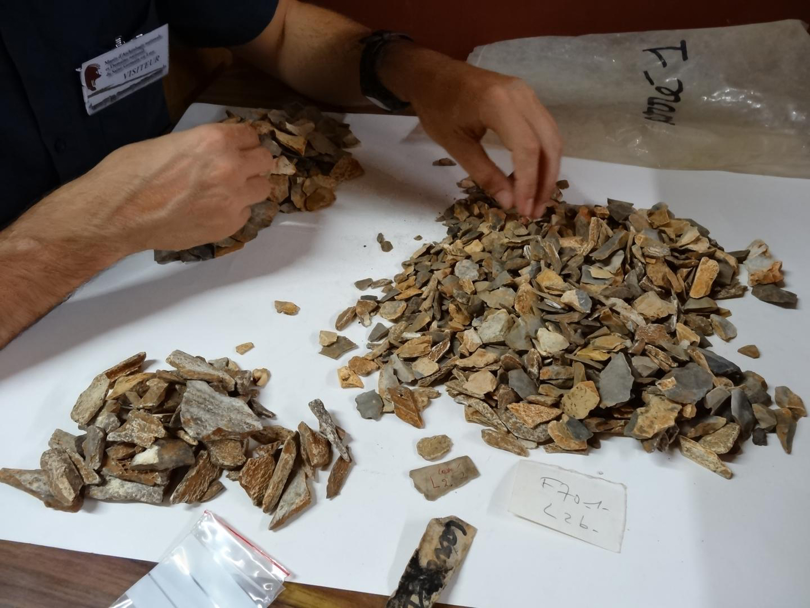 A researcher from the Musée d'Archéologie Nationale in France examines material from excavations of the La Ferrassie Neanderthal site in southwestern France. Thousands of bone remains were sorted and 47 new fossil remains belonging to a Neandertal child  were identified.