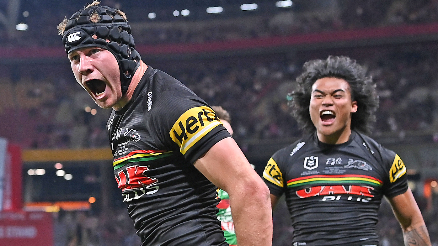 Brian To'o of the Panthers celebrates with Matt Burton of the Panthers