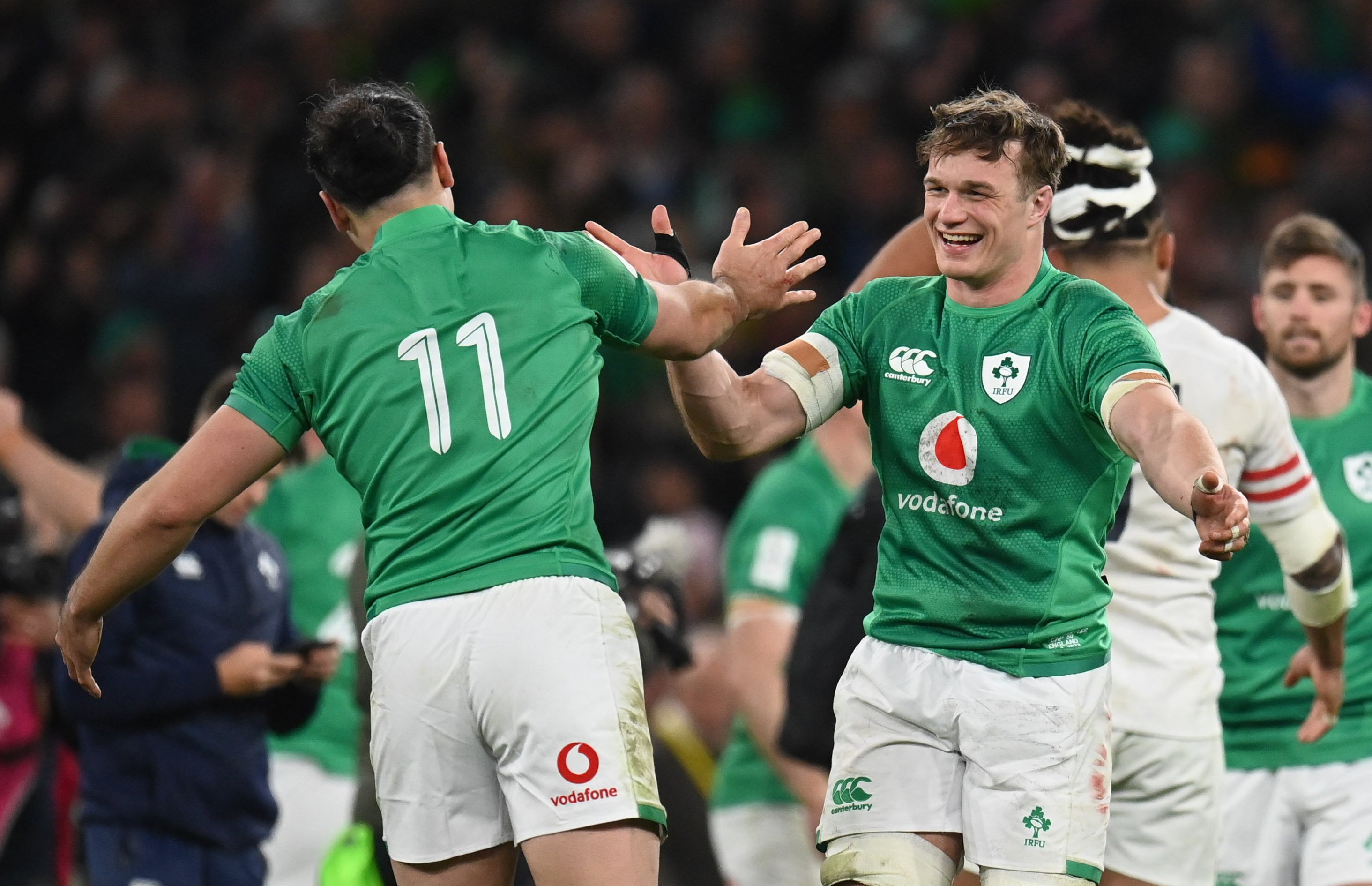 Josh van der Flier, right, and James Lowe of Ireland after their side's victory in the Six Nations. (Photo By Harry Murphy/Sportsfile via Getty Images)