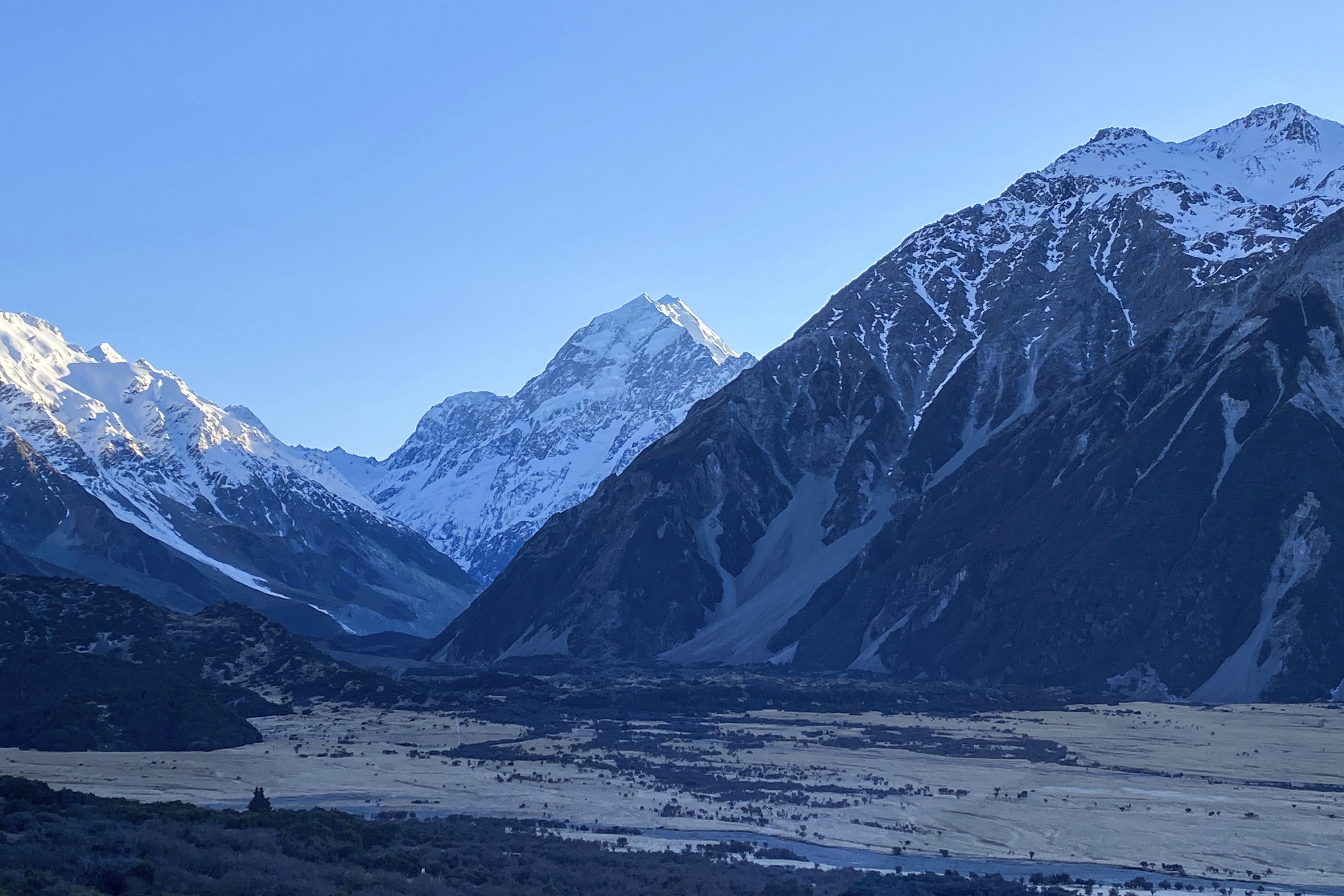 New Zealand's highest peak, Aoraki, centre, is seen in the Aoraki/Mount Cook National Park, on Aug. 17, 2020.  