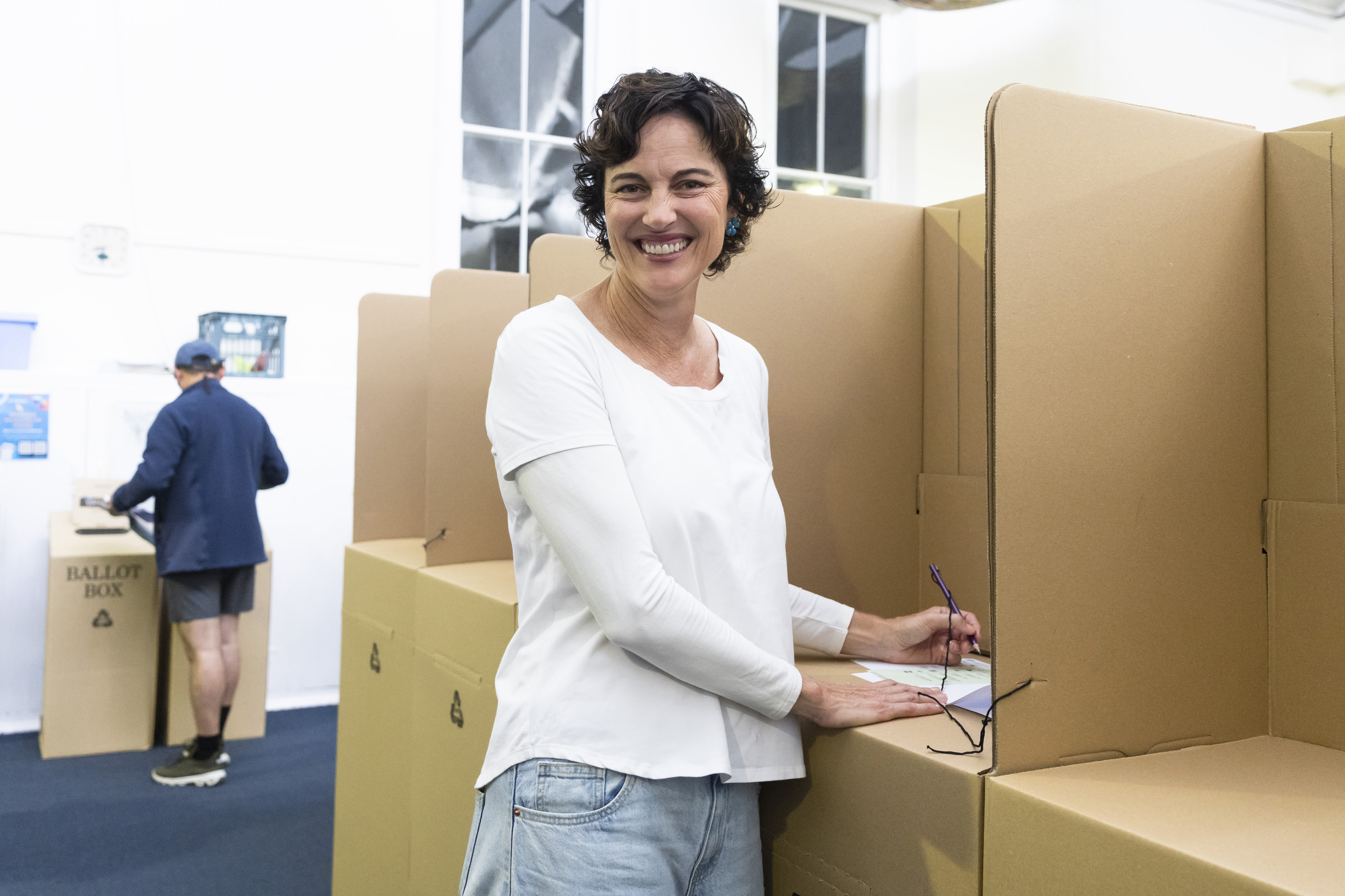 PERTH, AUSTRALIA - MAY 03: Kate Chaney, Independent Federal member for Curtin is places her vote on May 03, 2025 in Perth, Australia. Australians headed to the polls on Saturday for the 2025 federal election, where all 150 seats in the House of Representatives and 40 of 76 Senate seats are up for grabs. This election is especially consequential due to a tightly contested race, with cost-of-living pressures, affordable housing, and energy policy dominating the campaign. Though most polls indicate