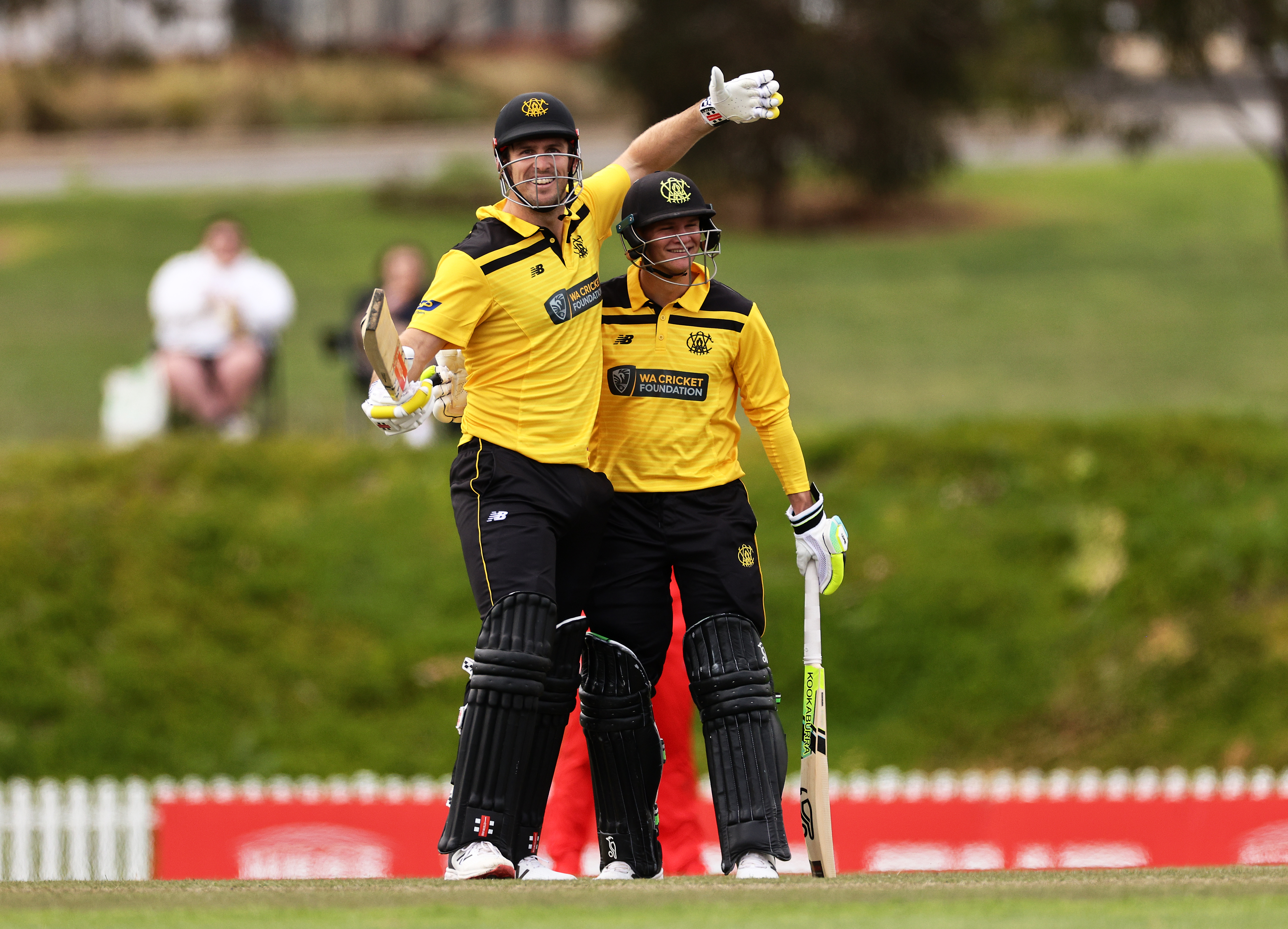 Mitchell Marsh of Western Australia celebrates after reaching his century during the Marsh One-Day Cup match between South Australia and Western Australia at Karen Rolton Oval.