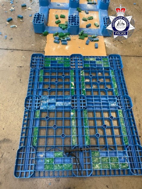 A 40-year-old man who runs a fruit and veg business on Sydney's north shore is among three people charged after ﻿$76 million worth of meth was allegedly found crammed into plastic pallets shipped into Australia by a crime gang based in Mexico.