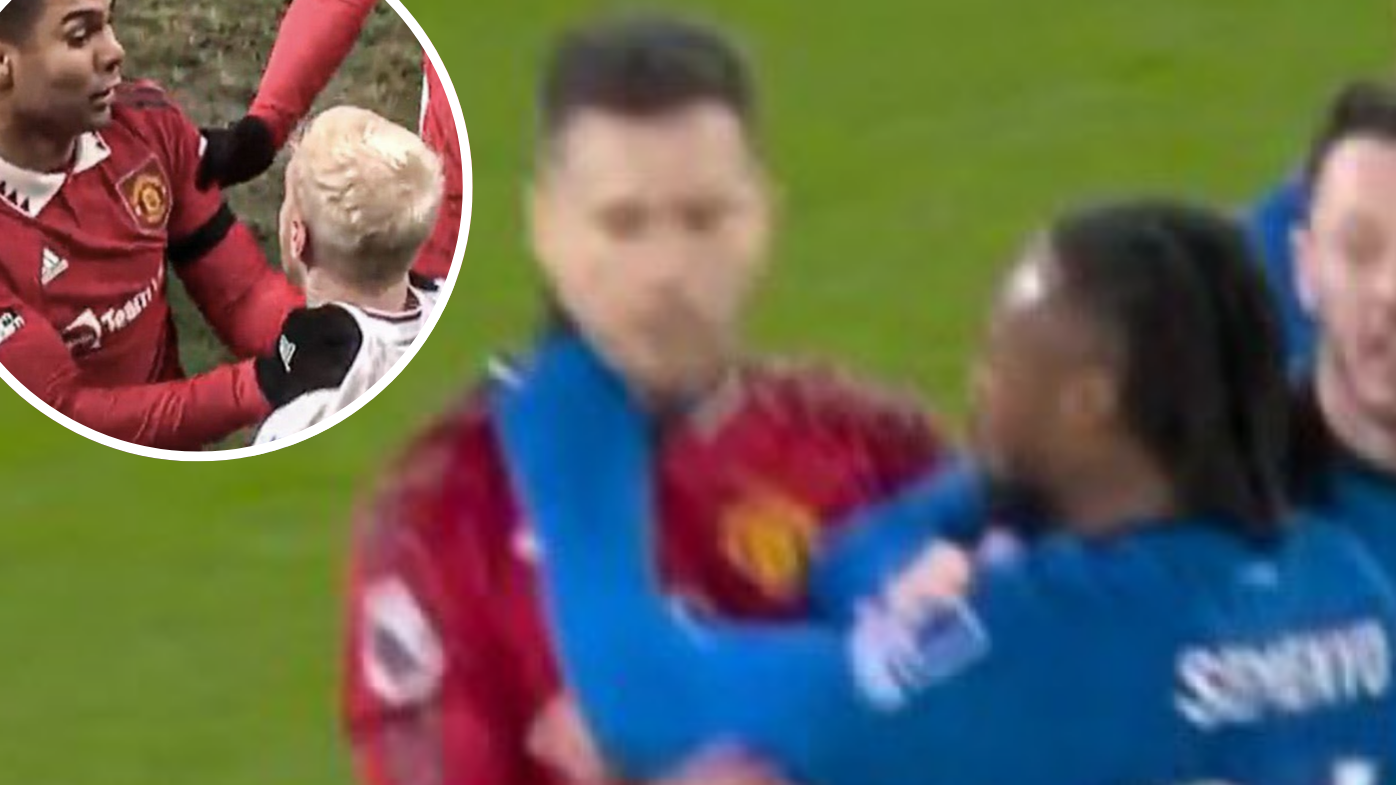 Antoine Semenyo got away with this throat grab but Casemiro did not.