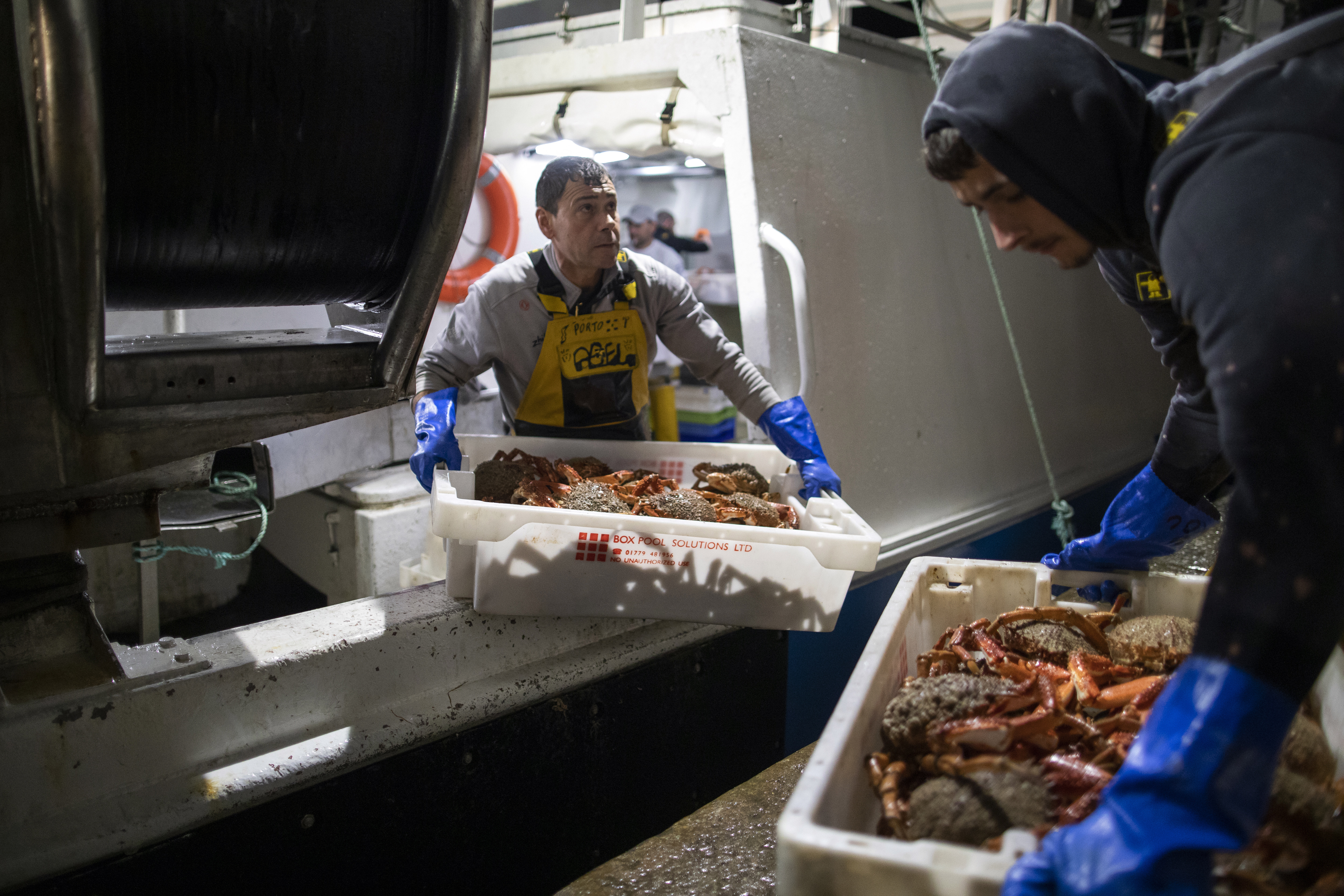 French fishermen empty their boat after a blockade at the port of Saint-Malo, western France, Friday, Nov. 26, 2021.
