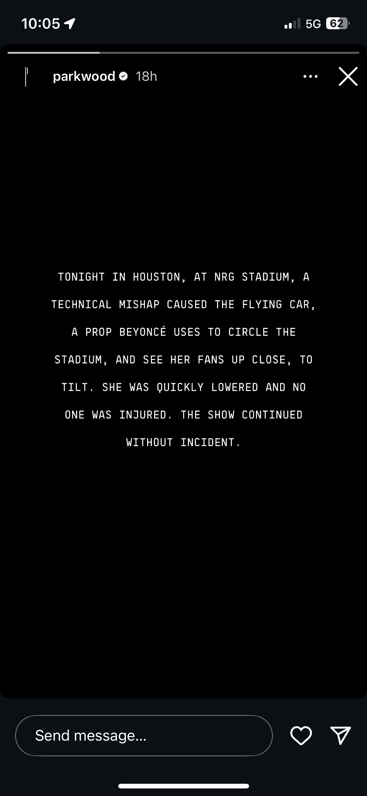 Parkwood Entertainment's statement after the flying car mishap