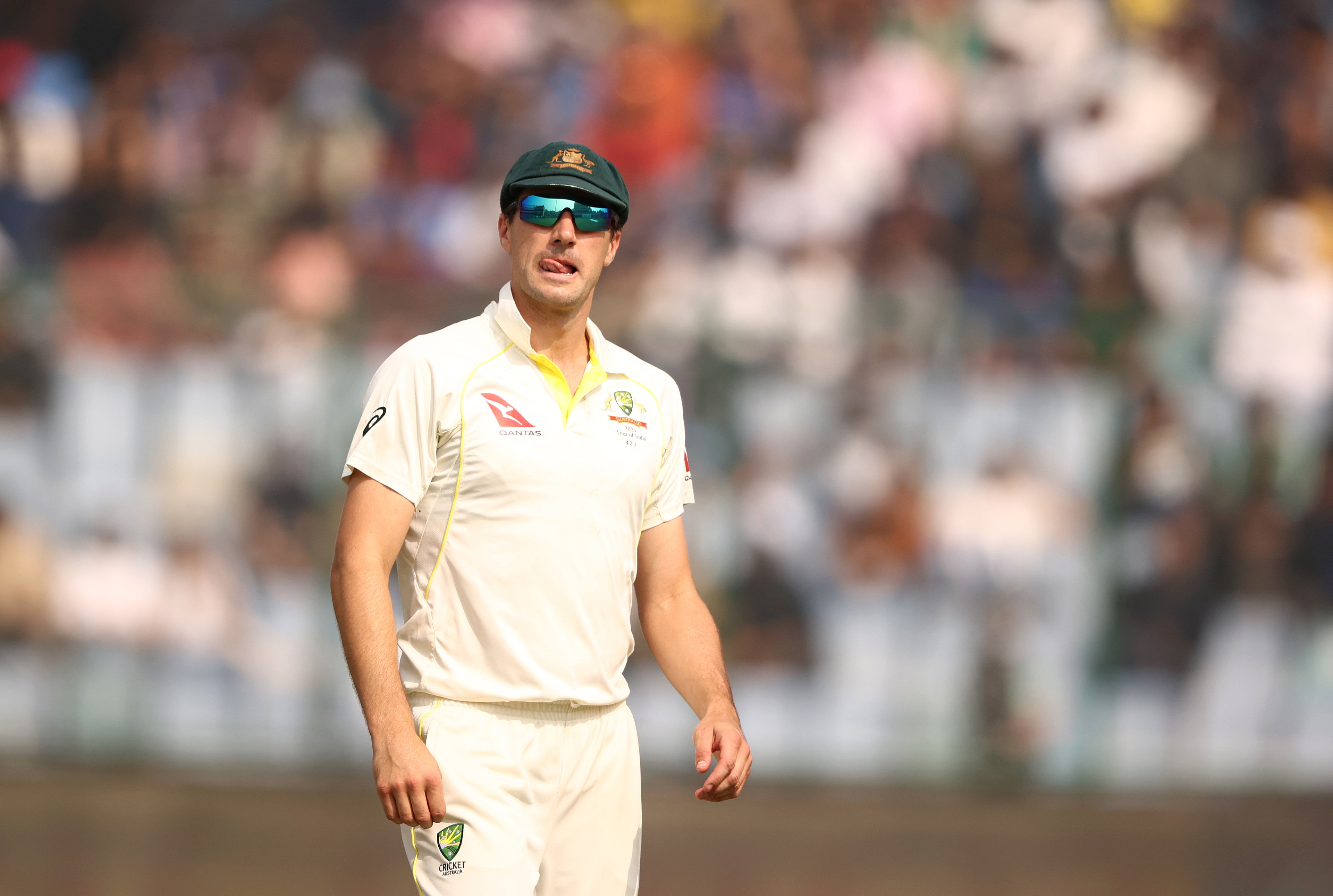 DELHI, INDIA - FEBRUARY 18: Pat Cummins of Australia looks on during day two of the Second Test match in the series between India and Australia at Arun Jaitley Stadium on February 18, 2023 in Delhi, India. (Photo by Robert Cianflone/Getty Images)