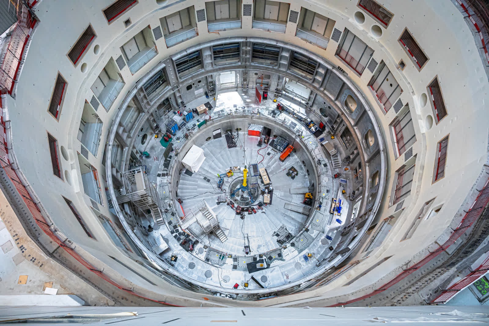 A view from the top of the tokamak chamber. The tokamak will ultimately weigh 23,000 tons, the combined weight of three Eiffel Towers.