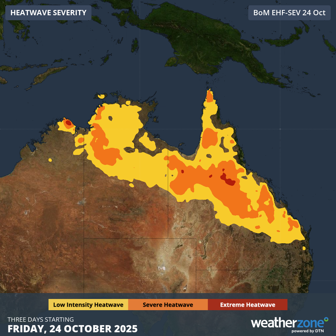 Severe-to-Extreme Heatwave conditions forecast between Friday and Sunday across parts of QLD, the NT and WA.