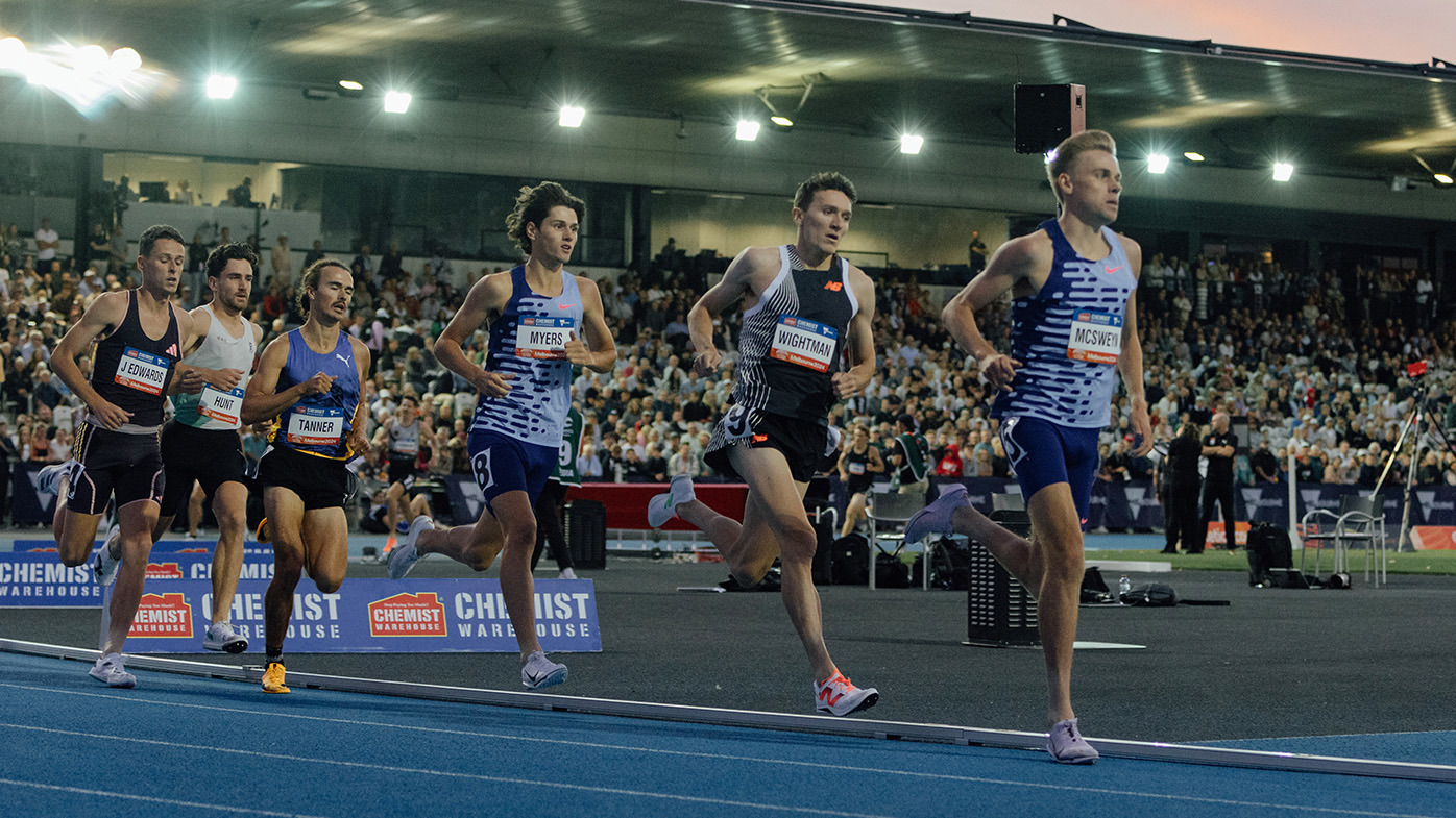  Stewart McSweyn, Jake Wightman and Cameron Myers contesting the John Landy Mile in Melbourne last Thursday night.