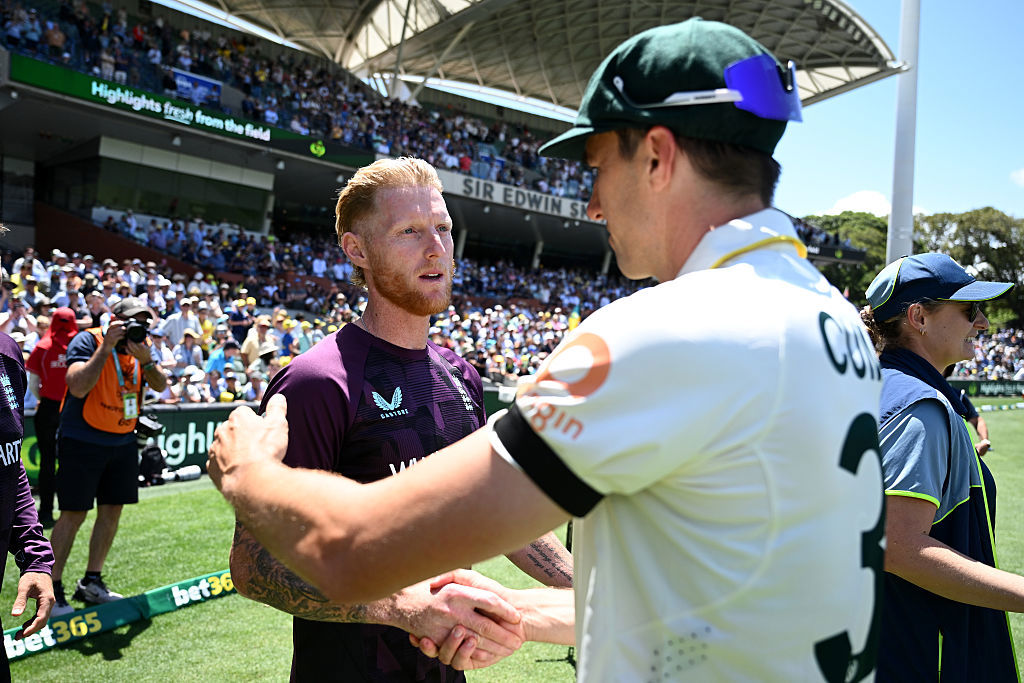 England captain Ben Stokes shakes hands with Australia captain Pat Cummins after losing the Ashes.