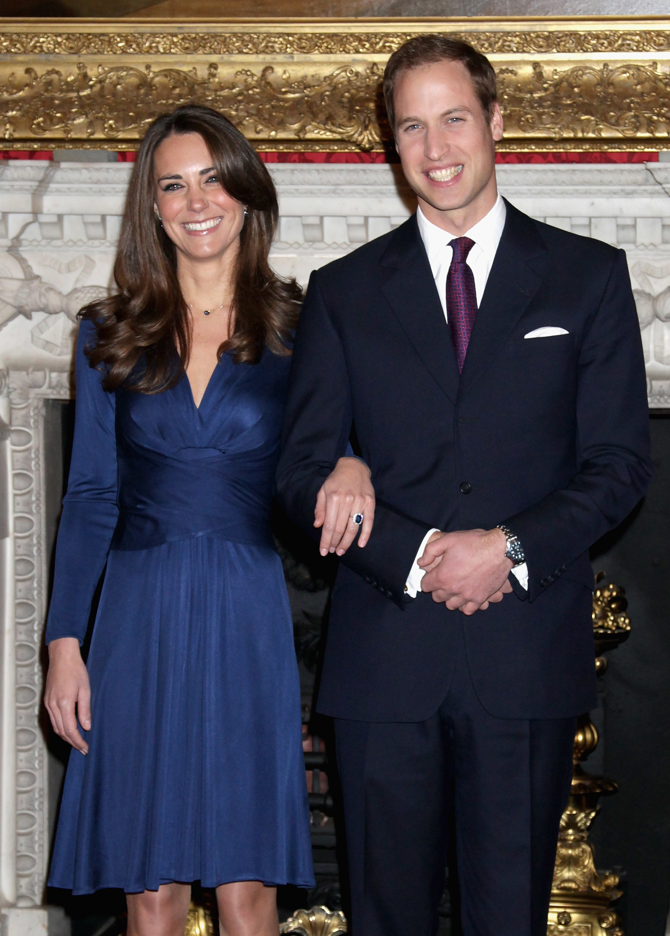LONDON, ENGLAND - NOVEMBER 16: Prince William and Kate Middleton pose for photographs in the State Apartments of St James Palace on November 16, 2010 in London, England. After much speculation, Clarence House today announced the engagement of Prince William to Kate Middleton. The couple will get married in either the Spring or Summer of next year and continue to live in North Wales while Prince William works as an air sea rescue pilot for the RAF. The couple became engaged during a recent holid