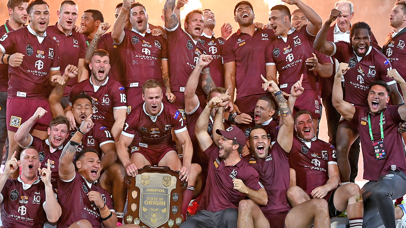 The Maroons celebrate winning the 2020 Origin series