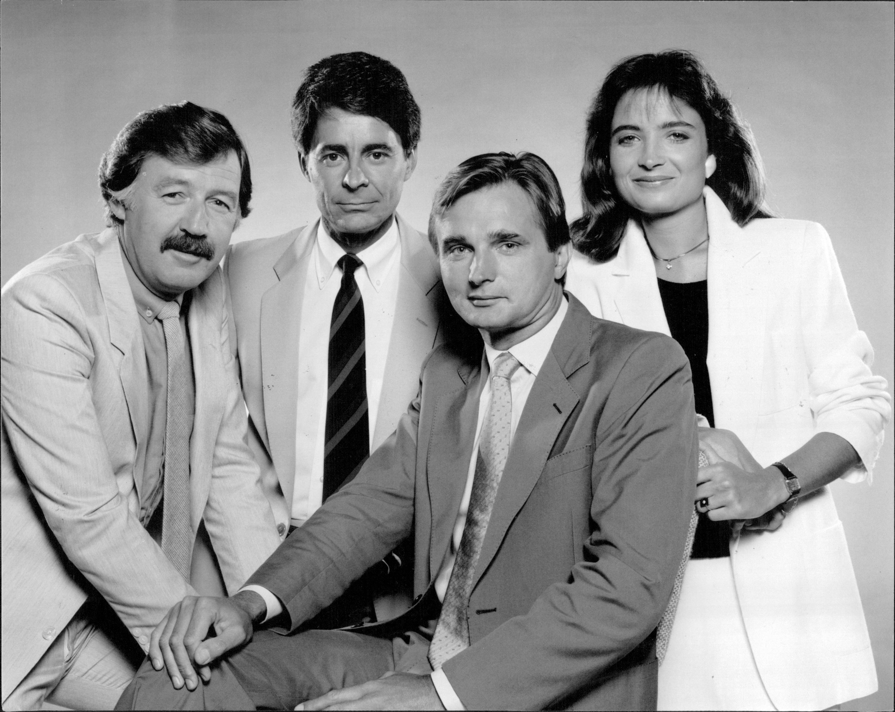 Channel 9's "60 Minutes" team (left-right) George Negus, Ian Leslie, Jeff McMullen Jana Wendt. February 20, 1985.