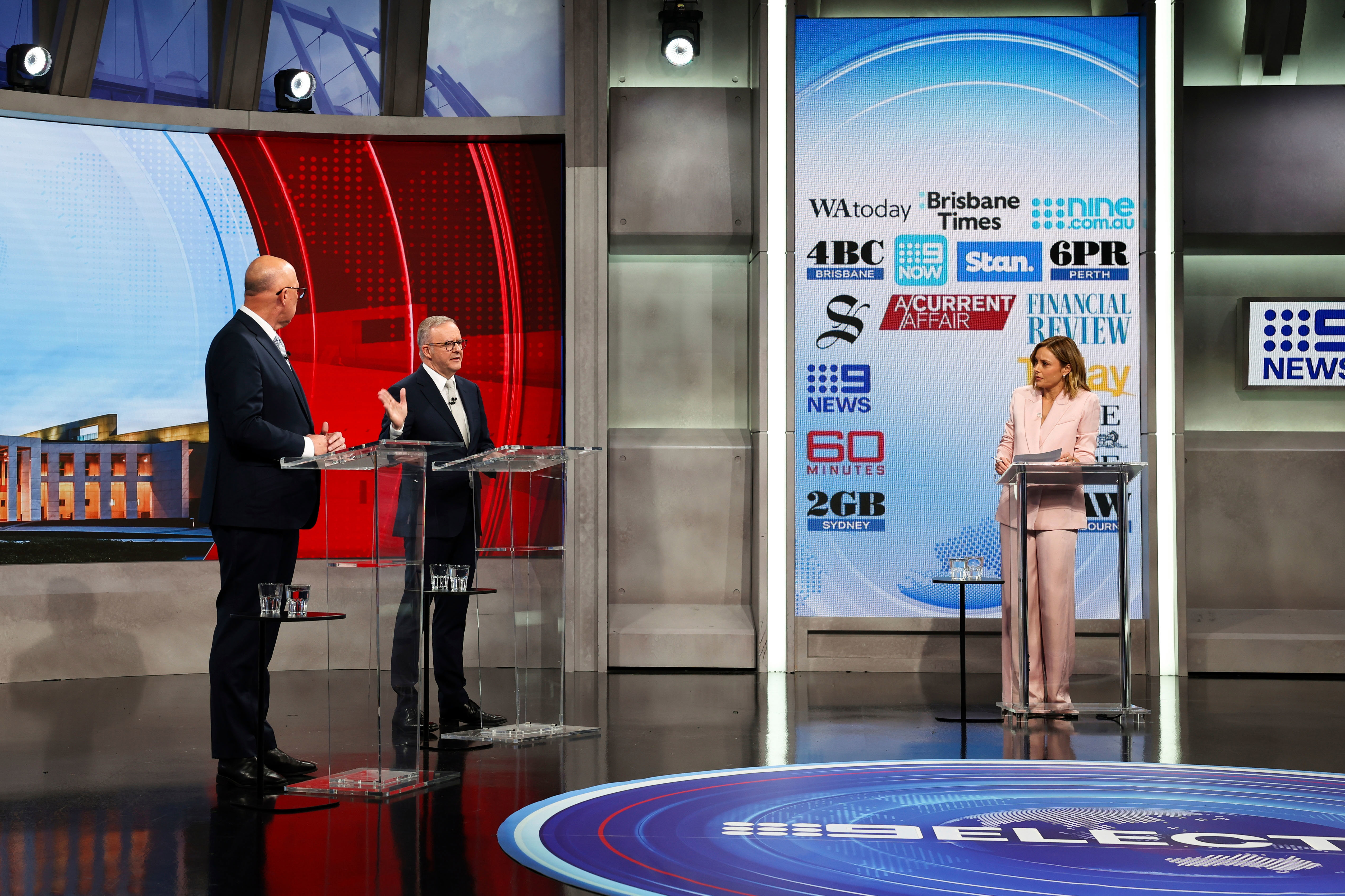 Opposition Leader Peter Dutton and Prime Minister Anthony Albanese during the third leaders' debate, The Great Debate hosted by Nine, during the 2025 federal election campaign.