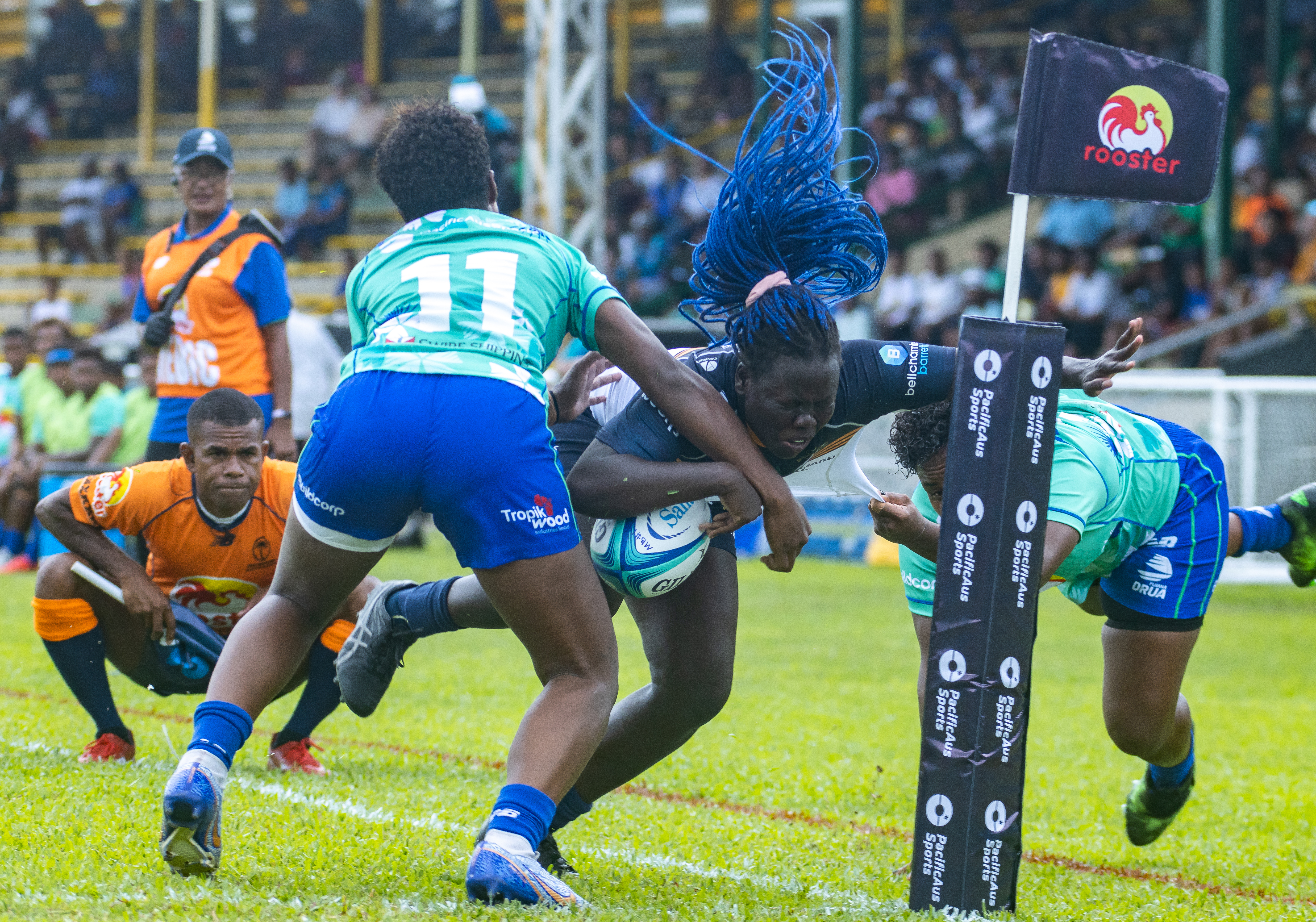 Biola Dawa tries to score for the Brumbies against the Drua at Prince Charles Park.