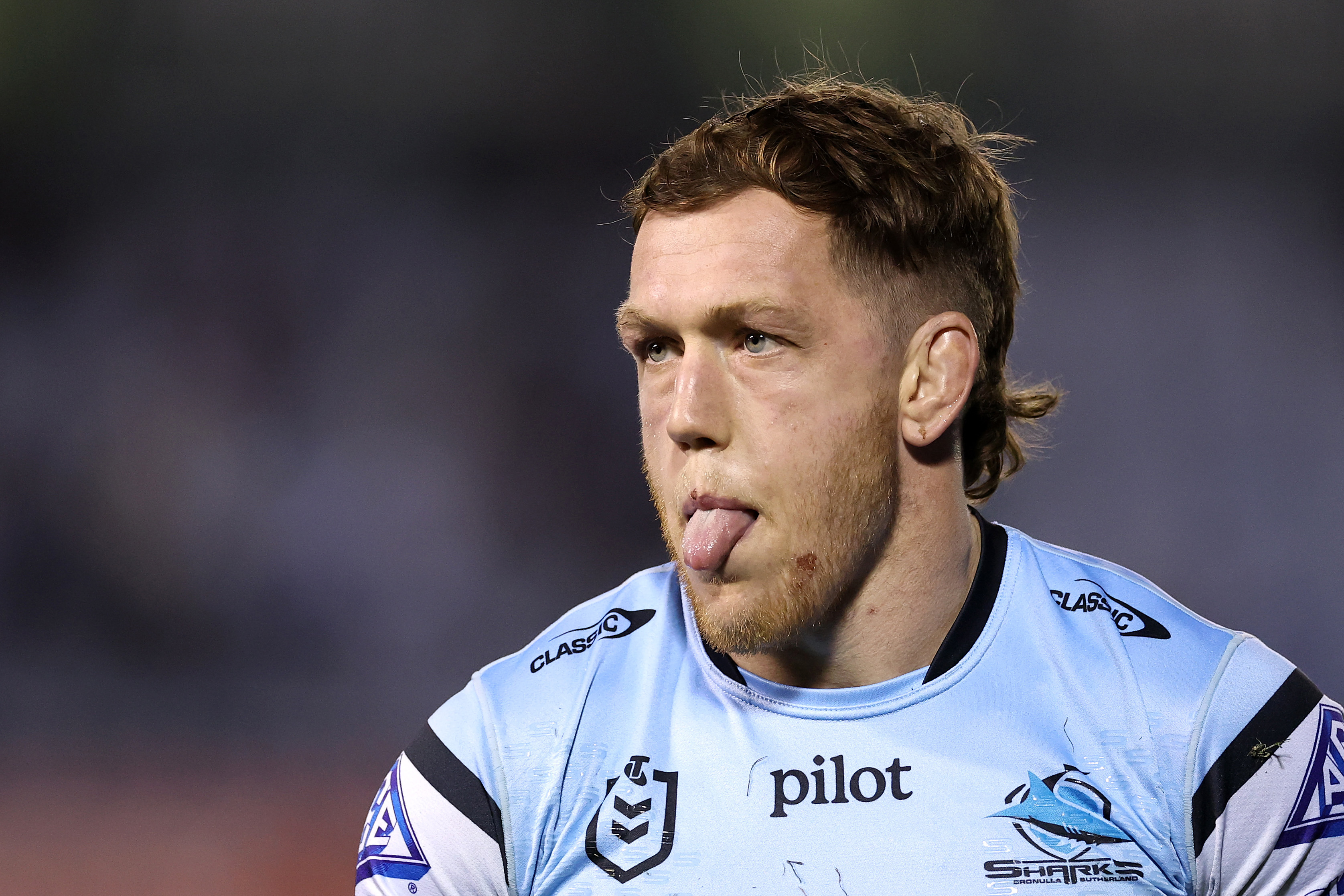 Cameron McInnes of the Sharks warms up before round 15 NRL match between the Cronulla Sharks and St George Illawarra Dragons at Sharks Stadium on June 12, 2025, in Sydney, Australia. (Photo by Cameron Spencer/Getty Images)