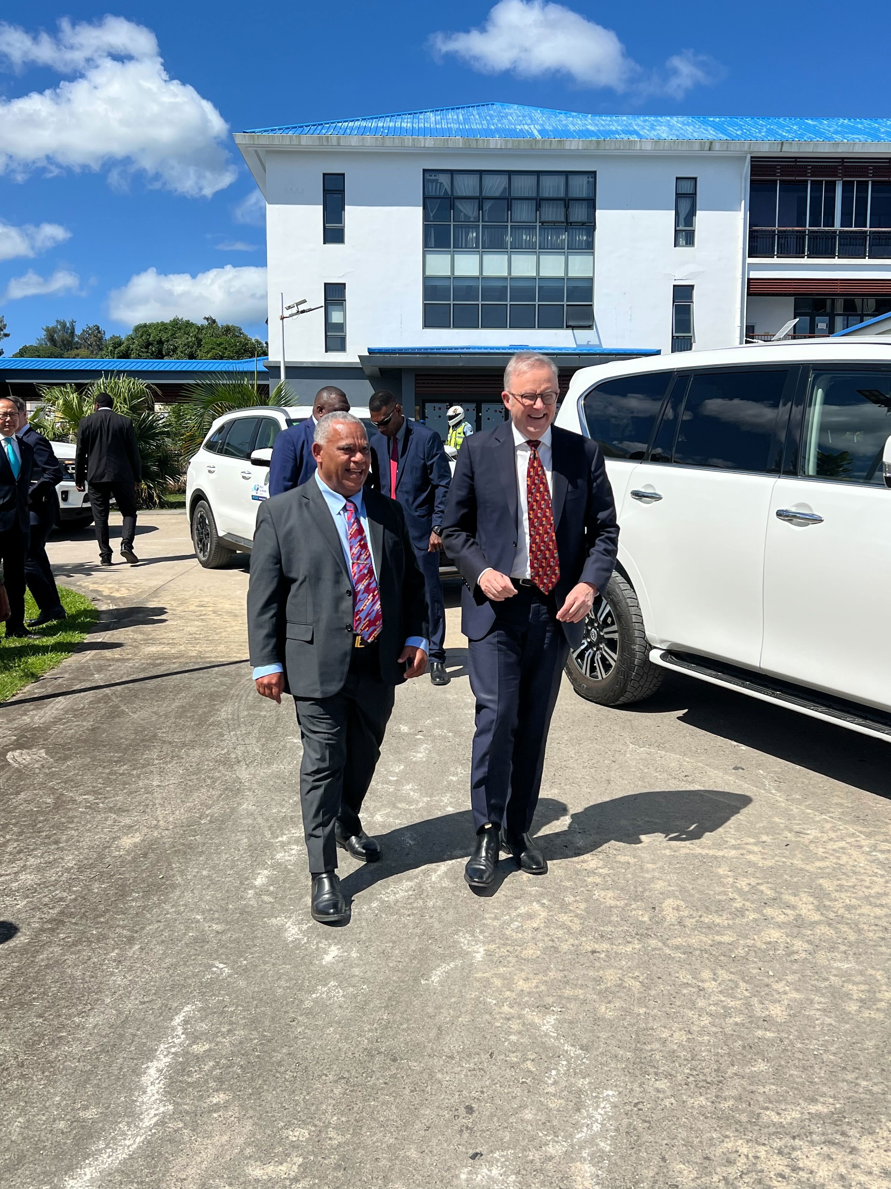 Prime Minister Anthony Albanese and Vanuatu counterpart Jotham Napat in Port Vila on September 9, 2025. 