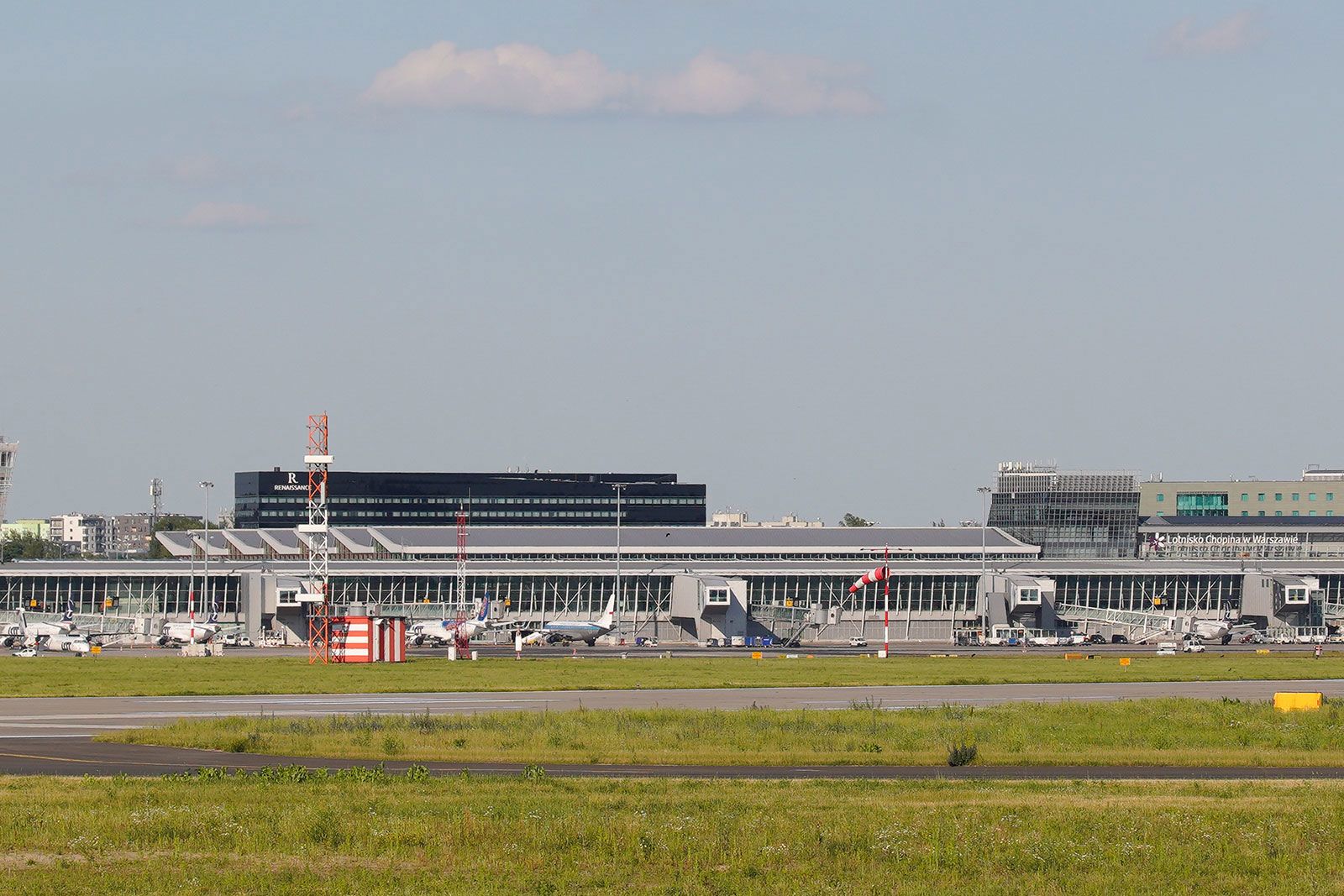 Terminals and a runway are seen at Chopin International Airport in July 2020 in Warsaw, Poland.