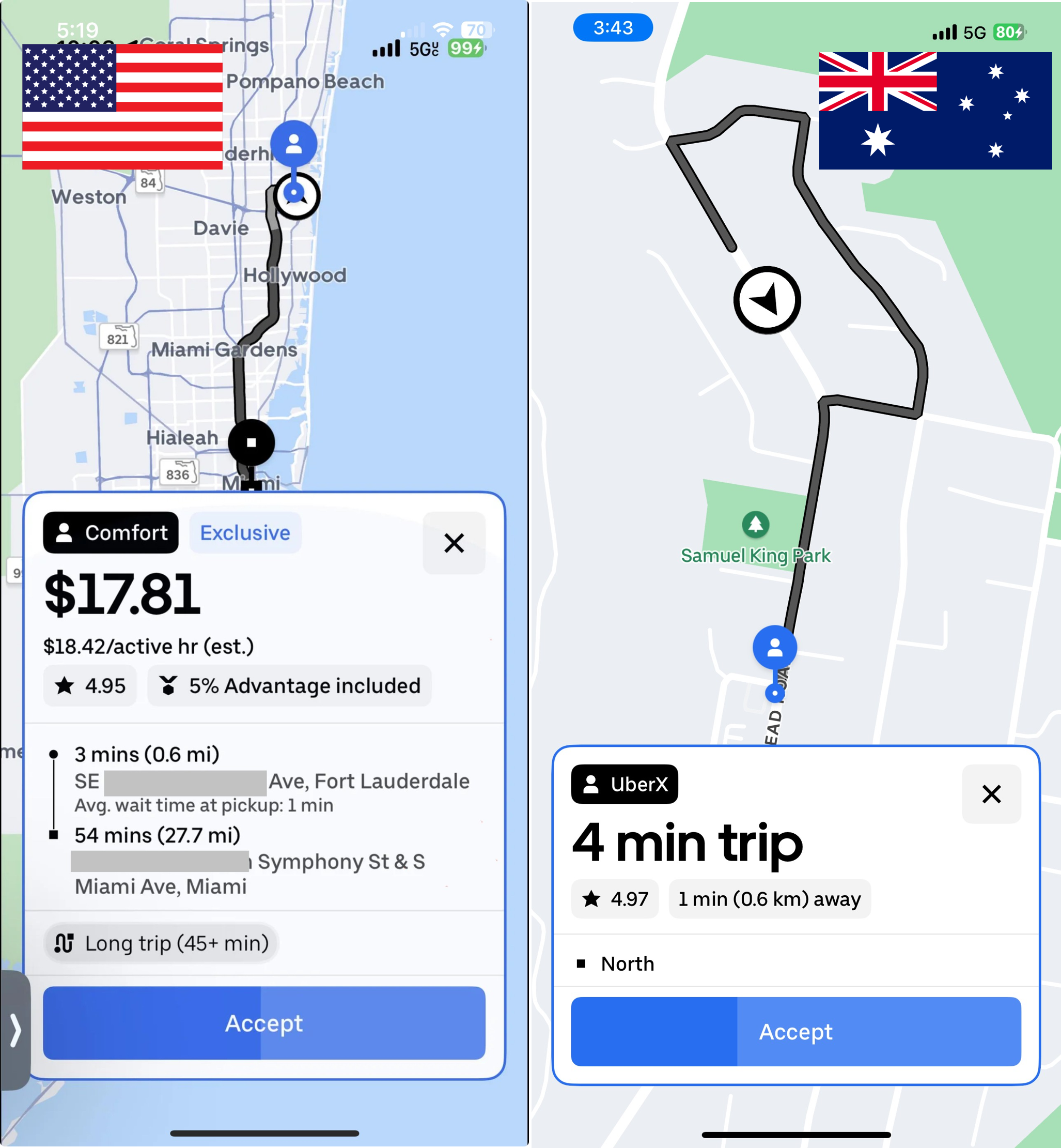 A screenshot showing the different details shown to North American Uber drivers (left) and Australian Uber drivers (right) before accepting a ride.