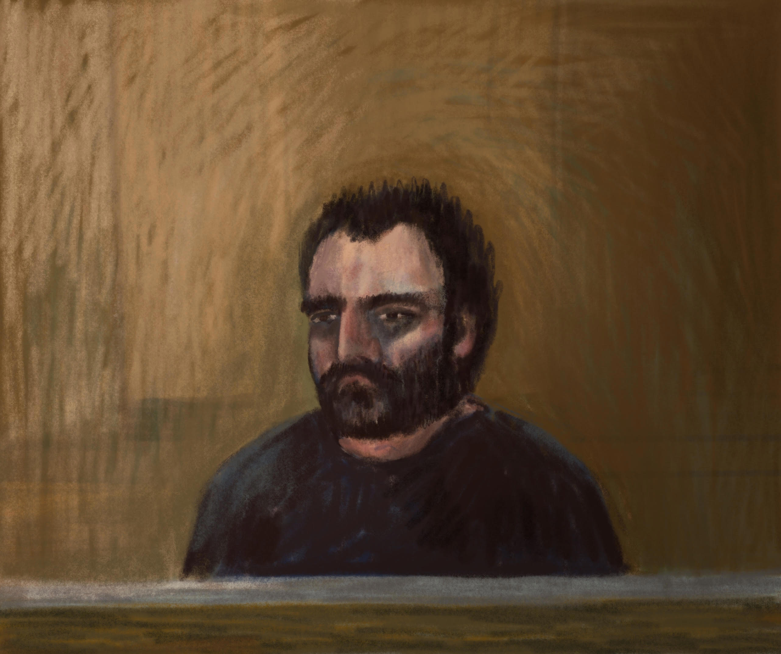 A court sketch depicts double-murder accused Ross Judd, 34.