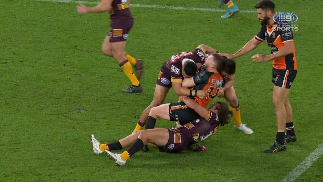 Patrick Carrigan has been charged for this hip drop tackle on Jackson Hastings.