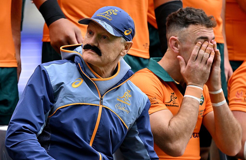 Joe Schmidt wearing a fake moustache in honour of the last international match for Nic White.