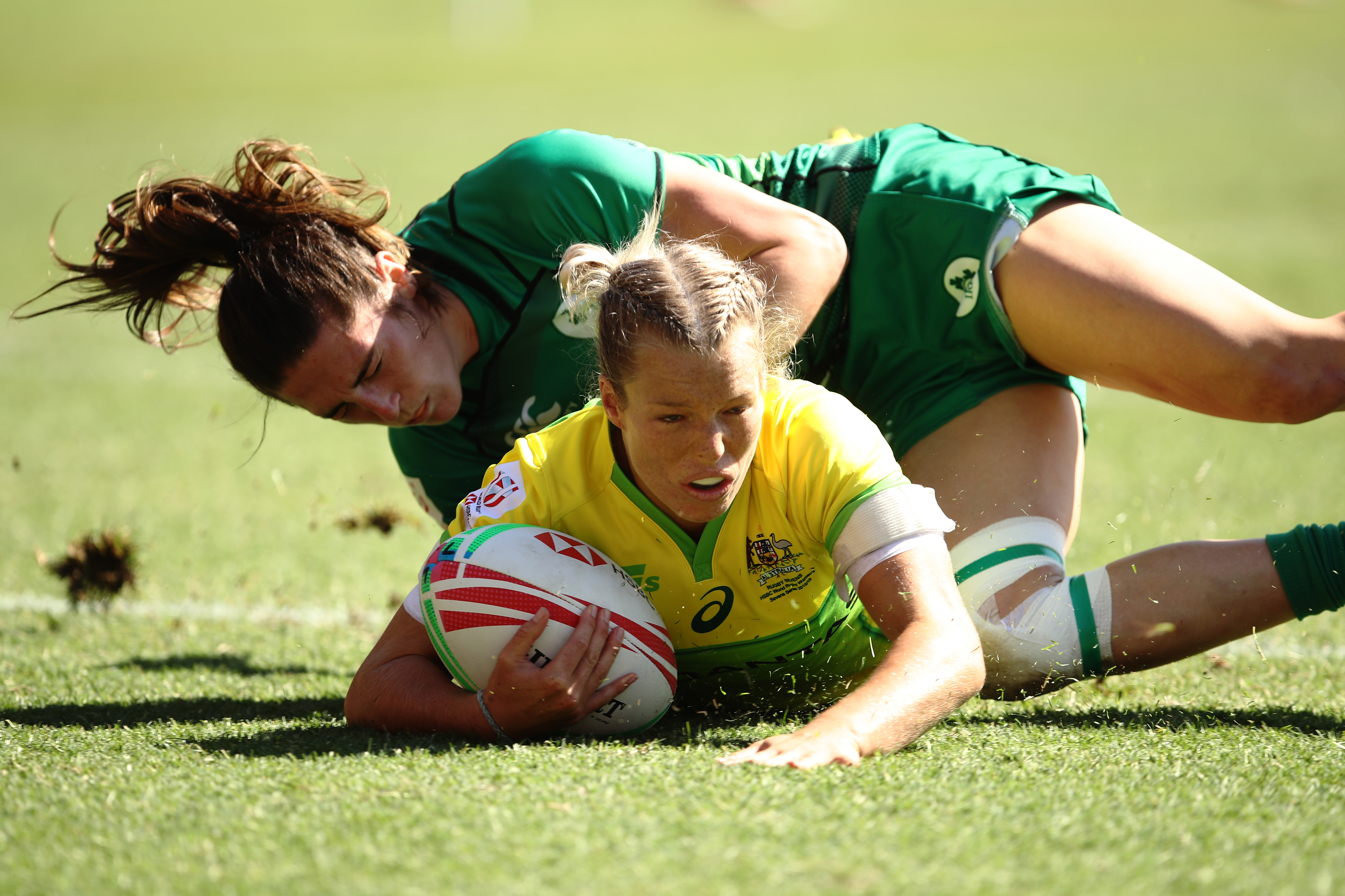 Emma Tonegato of Australia scores a try in the Women's Cup Semi Final 2 played between Australia and Ireland.