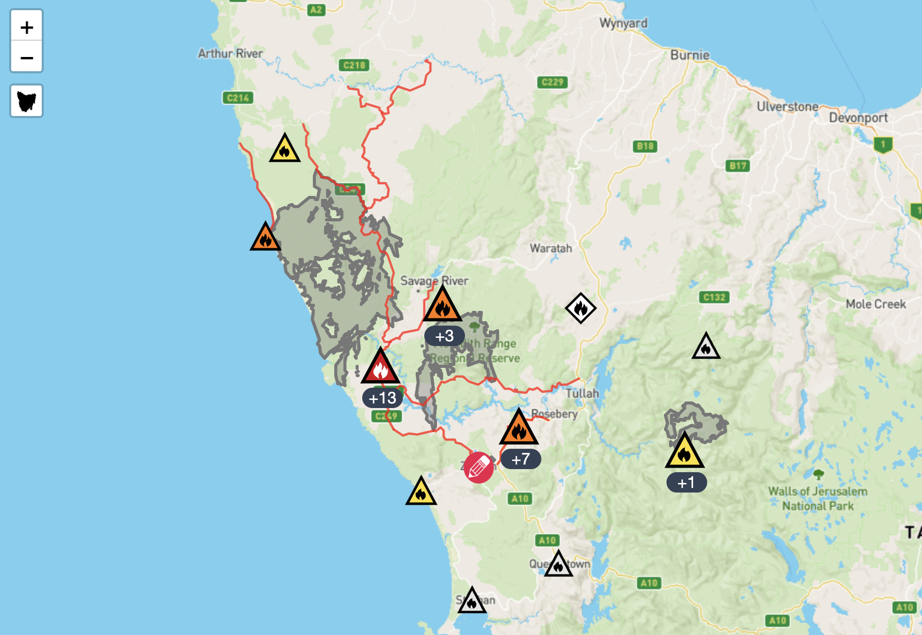 TasAlert bushfire warnings show parts of the north west coast at 10am on Friday, February 14.