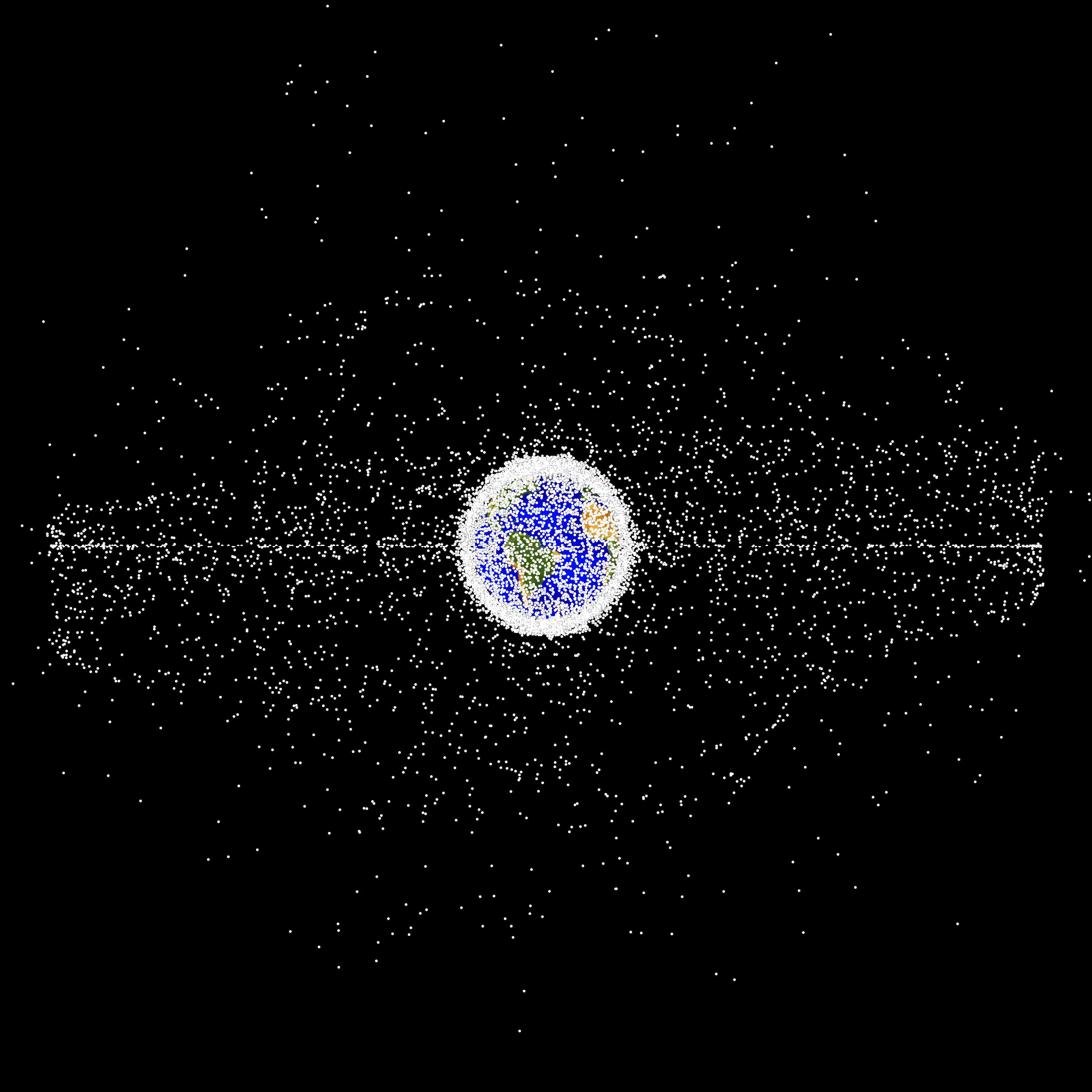 Simulation of orbital debris around Earth demonstrating the object population in the geosynchronous region.
