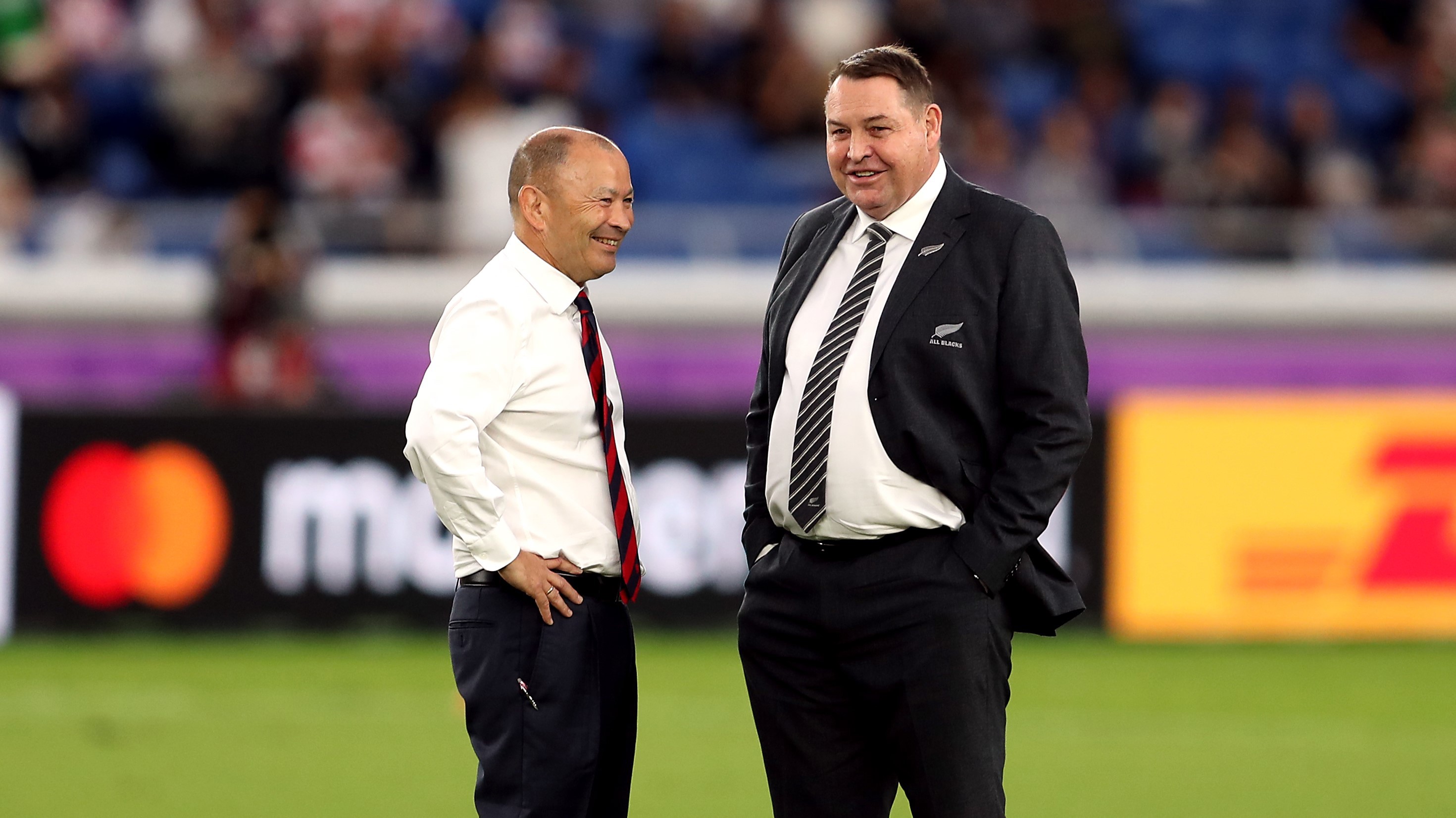 Then-England coach Eddie Jones (left) and New Zealand coach Steve Hansen at the 2019 Rugby World Cup.