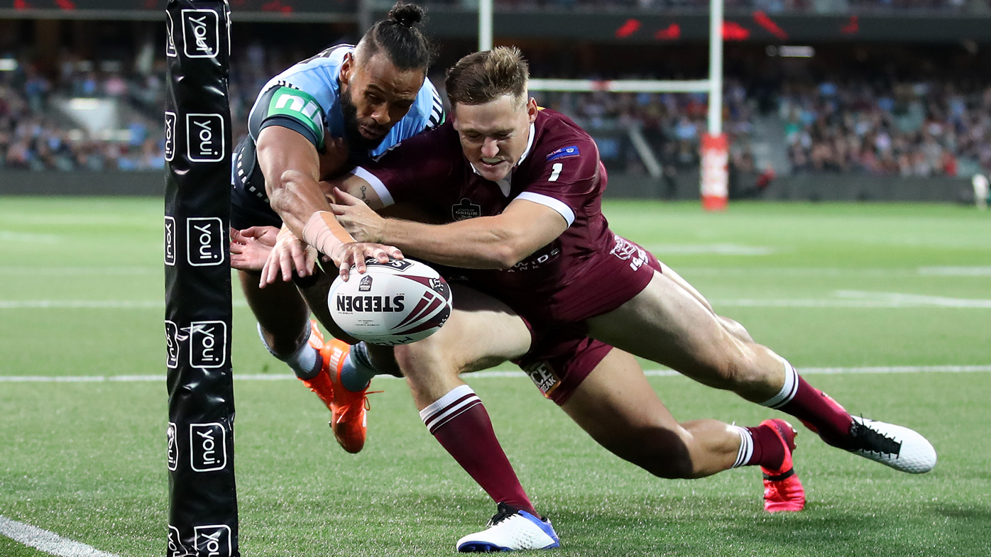 Josh Addo-Carr of the Blues attempts to score a try 
