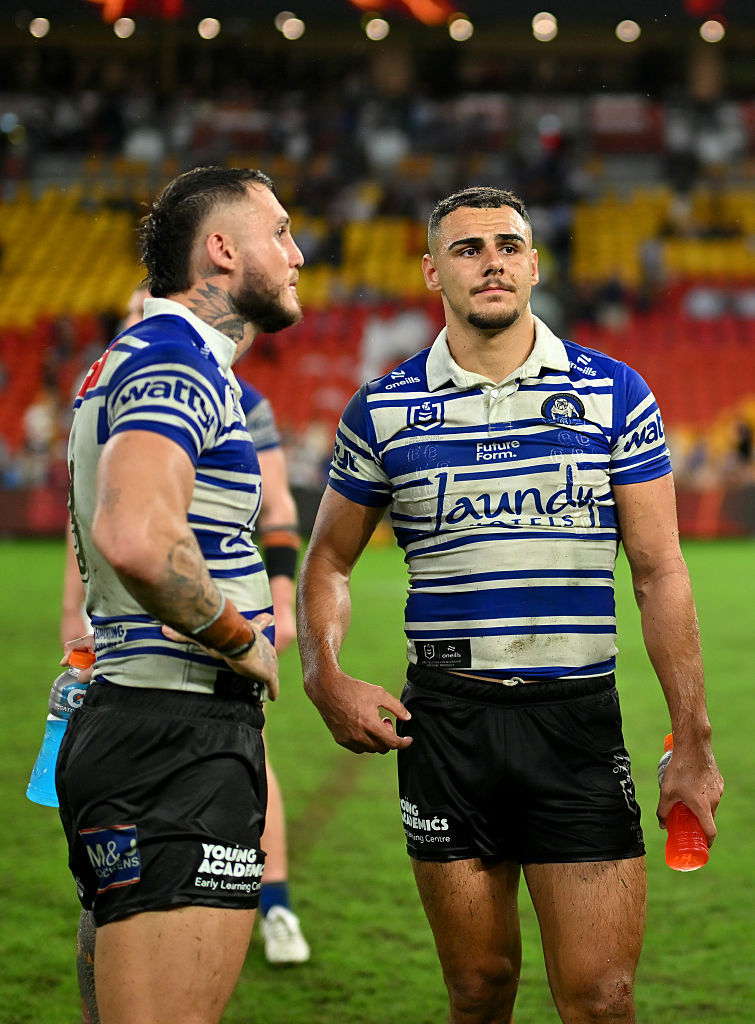 Jacob Kiraz of the Bulldogs reacts after his team's defeat to the Broncos.