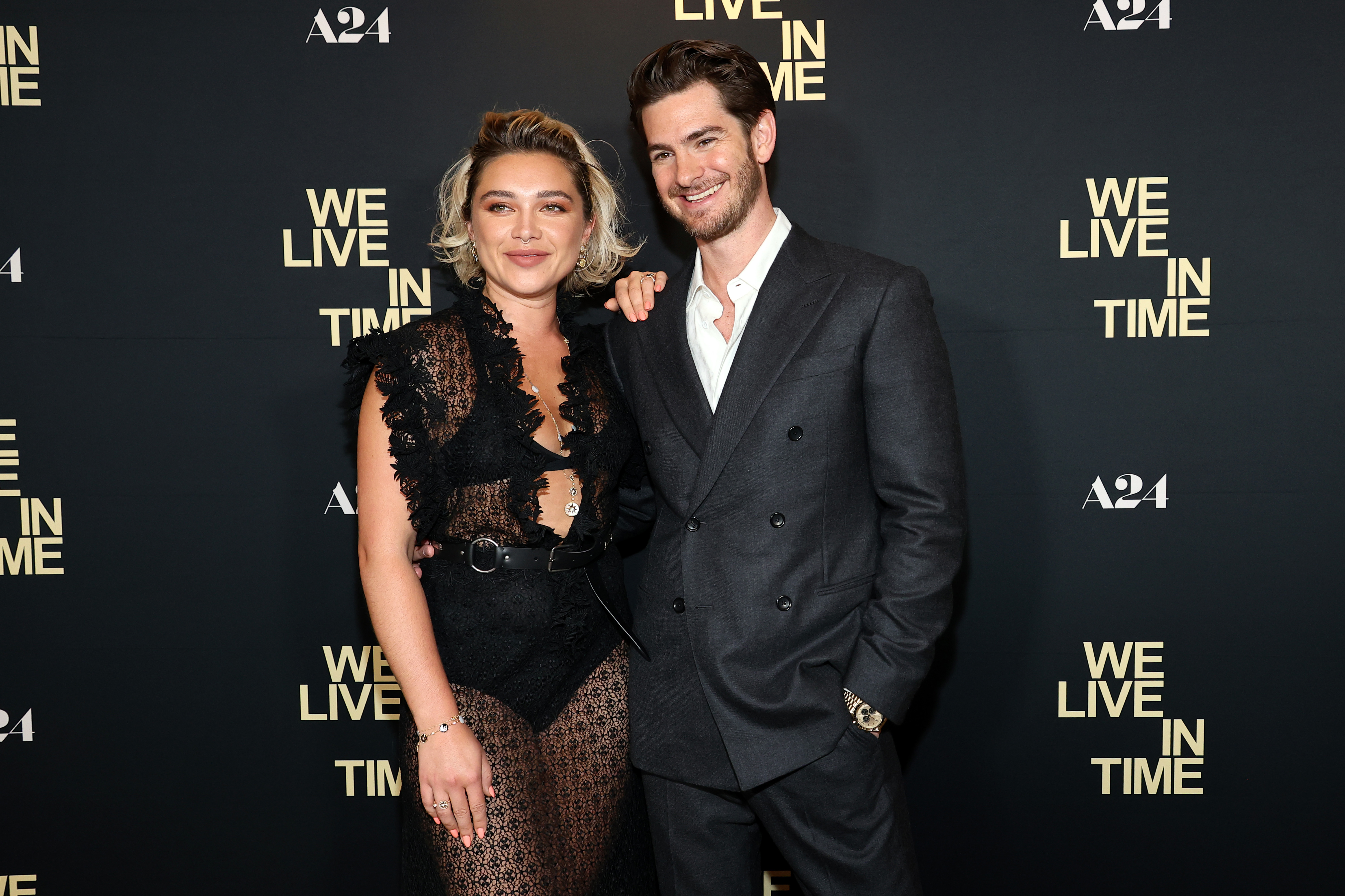 Florence Pugh and Andrew Garfield attend A24's We Live in Time New York Screening at Crosby Street Hotel on September 09, 2024 in New York City. 