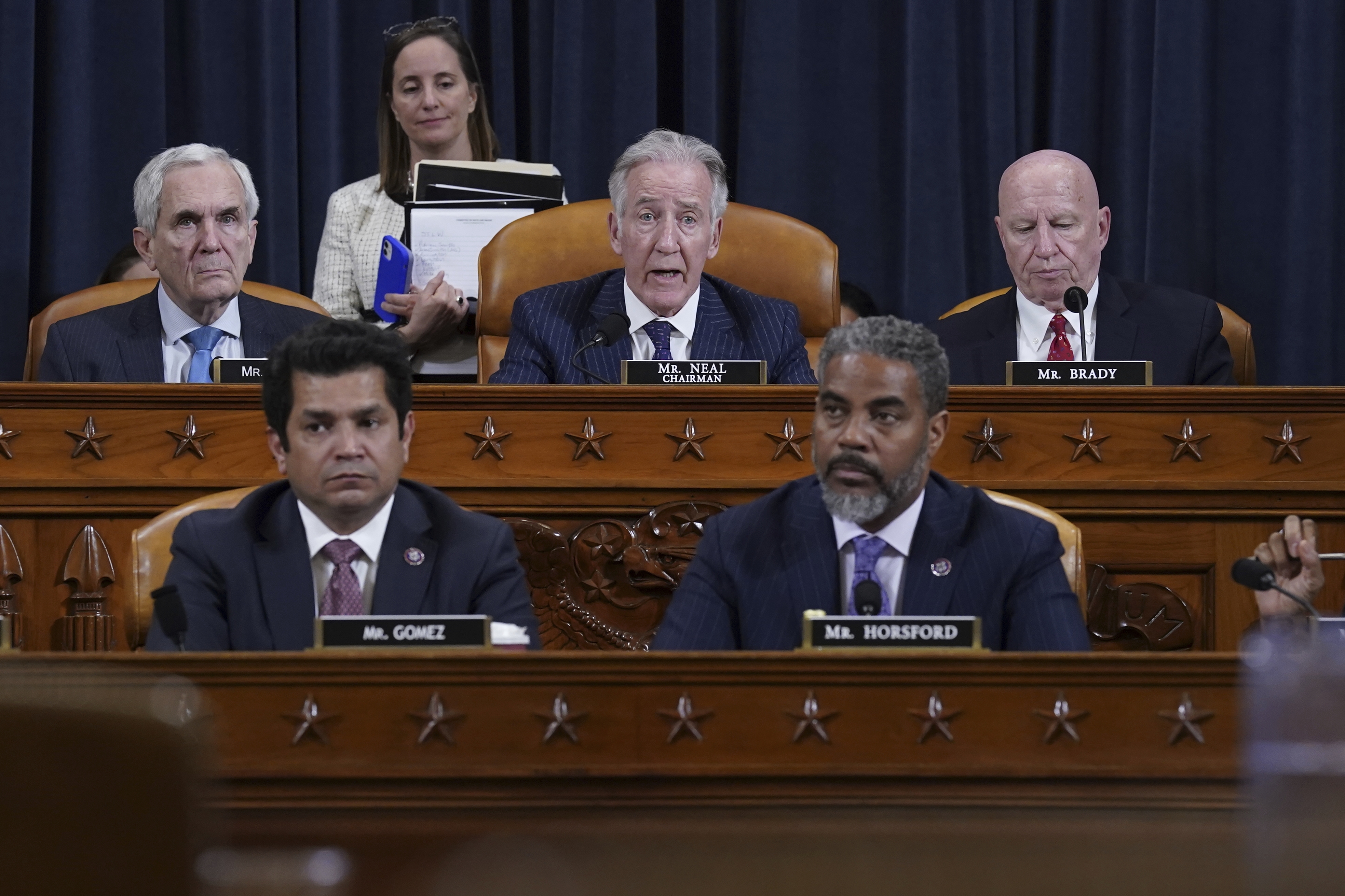 House Ways and Means Committee Chairman Richard Neal, D-Mass., center, speaks after the House Ways & Means Committee takes a vote on whether to publicly release years of former President Donald Trump's tax returns during a hearing on Capitol Hill in Washington, Tuesday, Dec. 20, 2022.