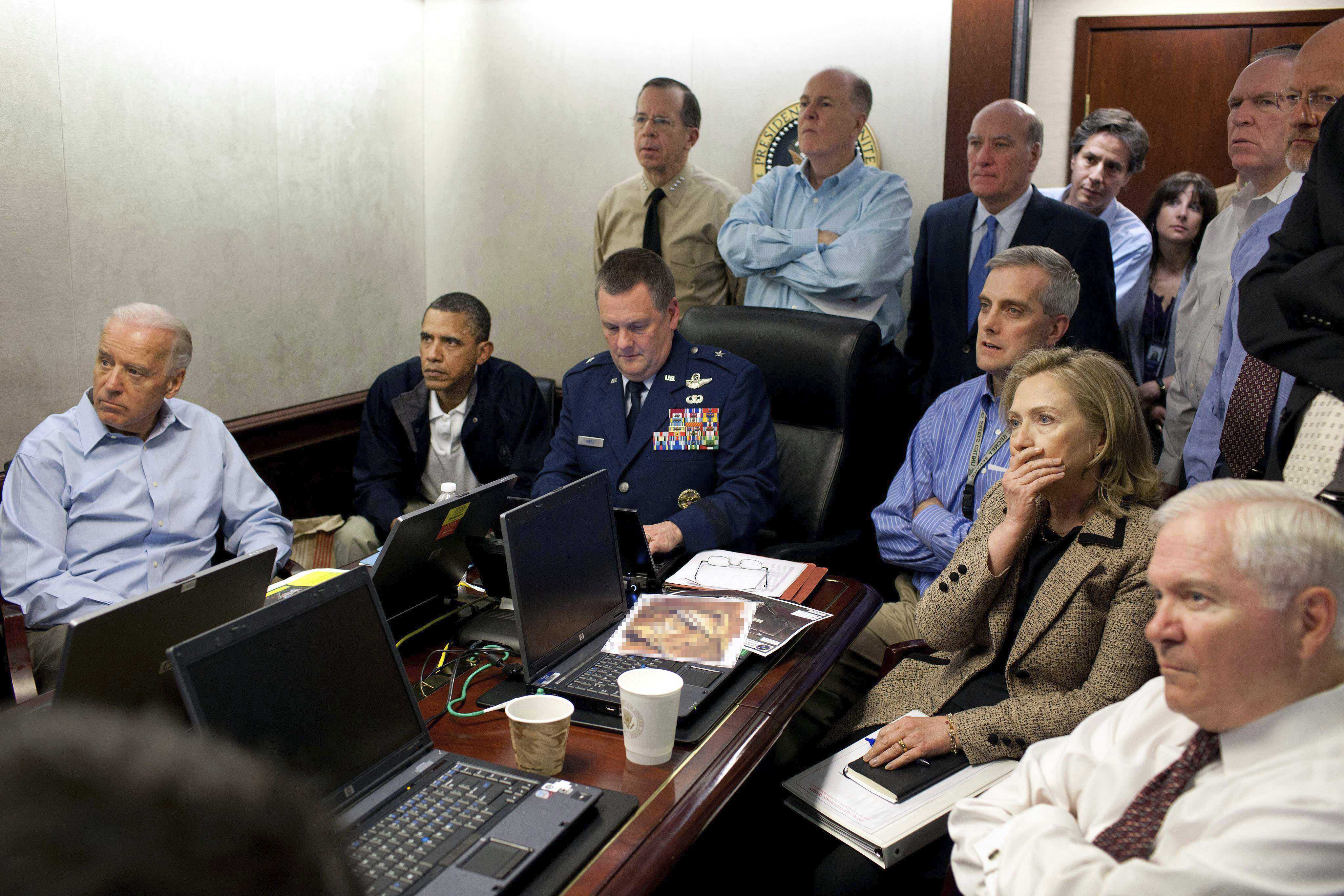 President Barack Obama, Secretary of State Hillary Clinton and Vice President Joe Biden, along with with members of the national security team, receive an update on the special forces raid on Osama bin Laden in the Situation Room of the White House. Bin Laden was killed in Pakistan on May 2, 2011 during a Navy SEAL operation, after the US intelligence services had tracked down the then most wanted man in the world.