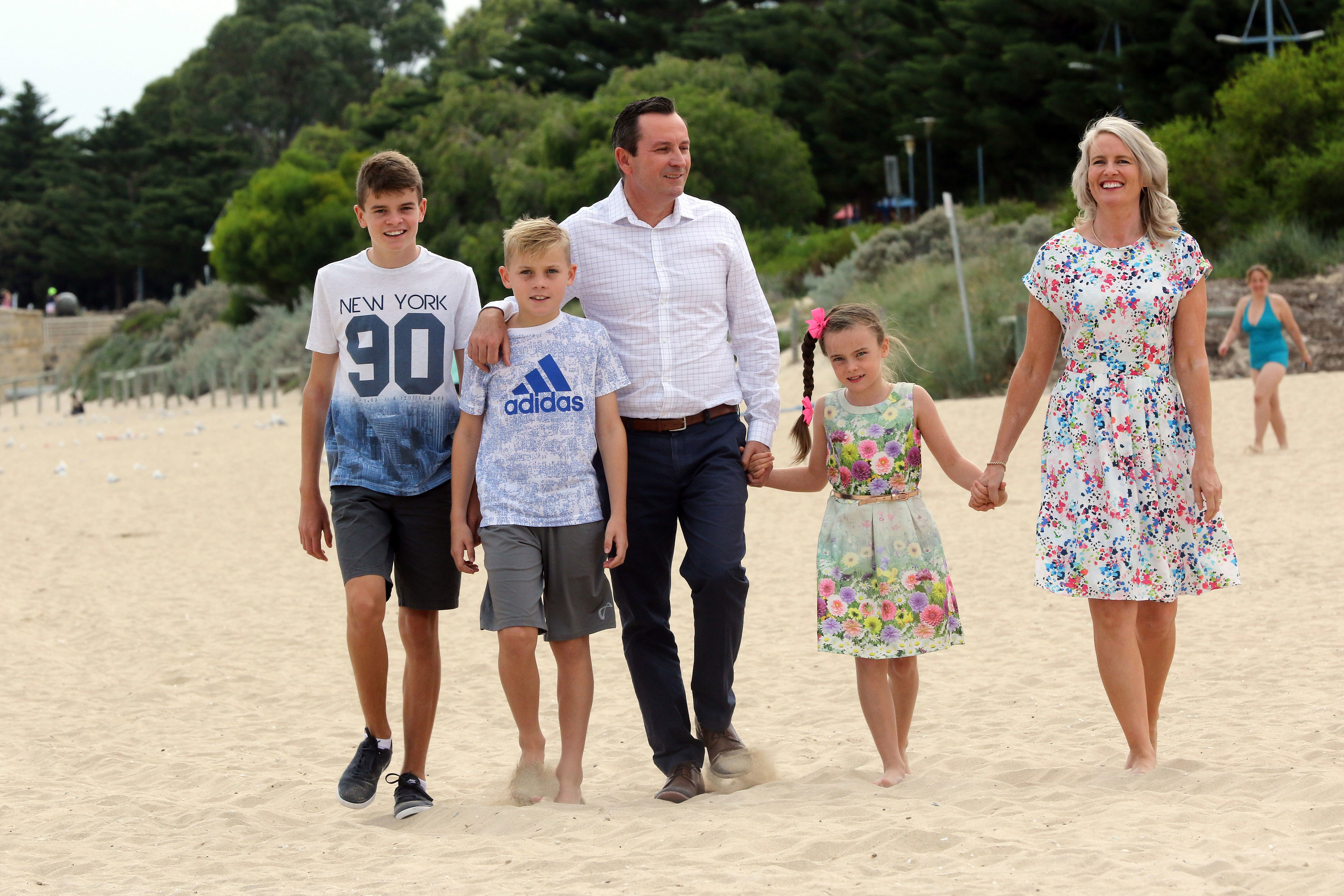 Mark McGowan on Rockingham Beach with wife Sarah and children Samuel (13), Alexander (11) and Amelkia (7) pictured in 2017