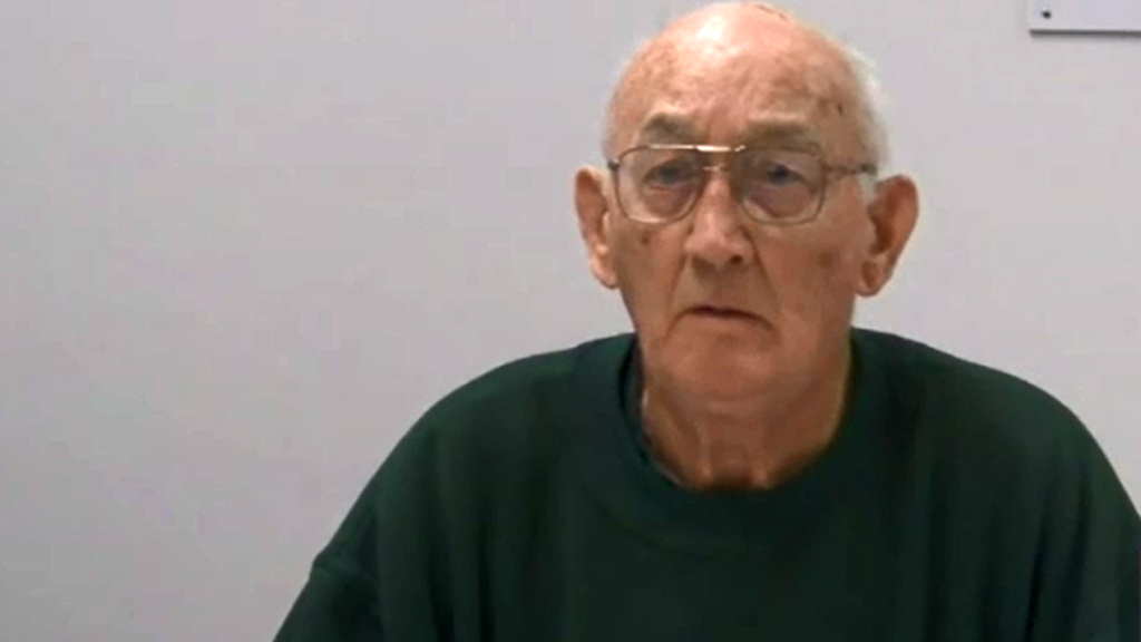 Paedophile priest Gerald Ridsdale appears before the Royal Commission into Insitutional Responses to Child Sexual Abuse via videolink from jail. (Supplied)