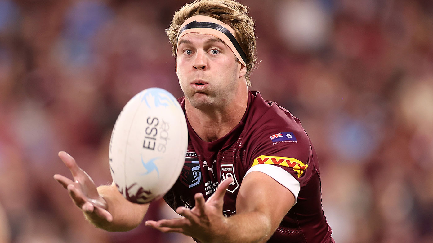  Christian Welch of the Maroons catches the ball during game one of the 2021 State of Origin series between the New South Wales Blues and the Queensland Maroons at Queensland Country Bank Stadium on June 09, 2021 in Townsville, Australia. (Photo by Mark Kolbe/Getty Images)