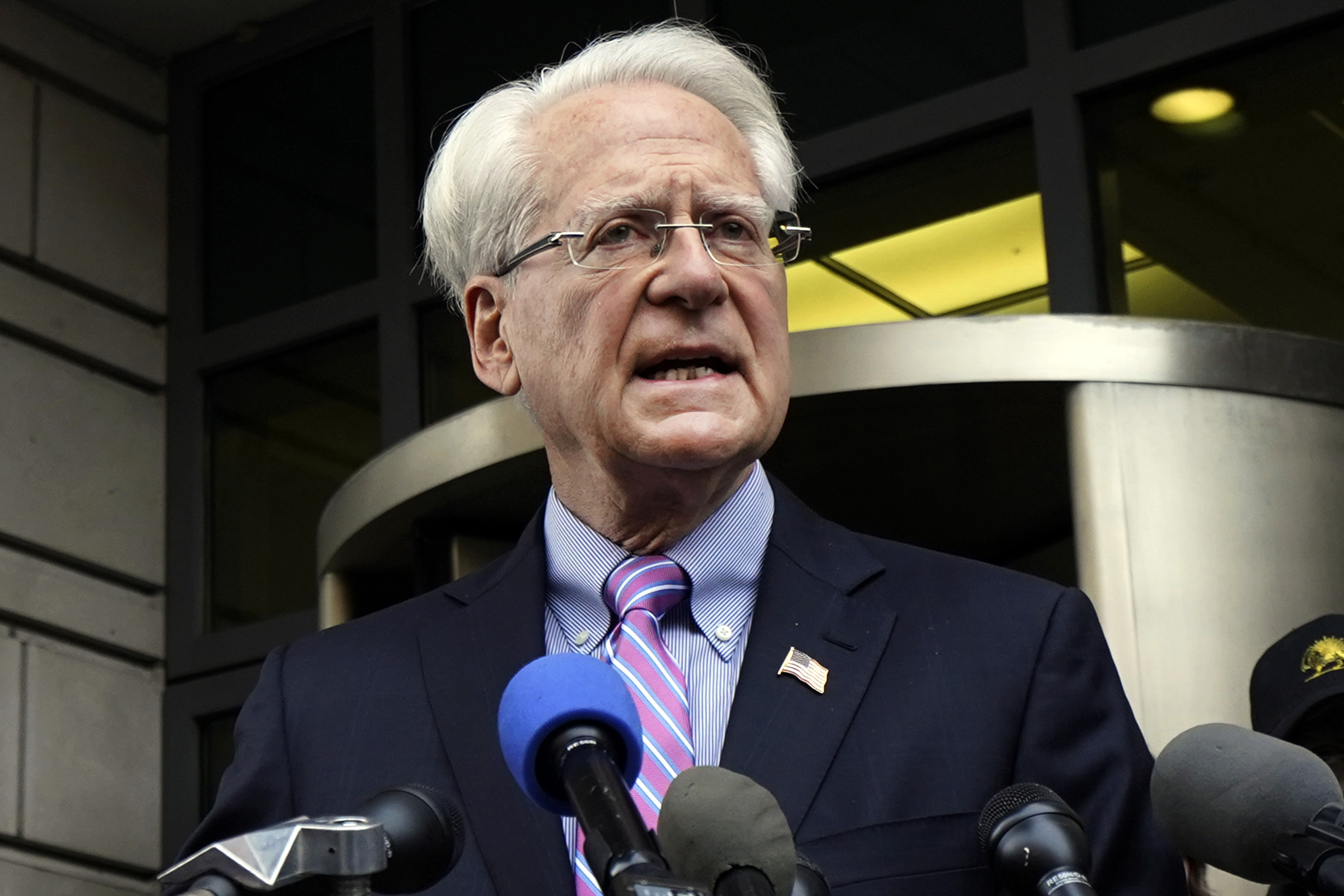 FILE - Lawyer Larry Klayman speaks during a news conference outside the federal courthouse in Washington, Jan. 3, 2019. Klayman, Roy Moore's attorney, tried to convince three federal appeals court judges to revive a $95 million lawsuit the former Alabama candidate for U.S. Senate brought against comedian Sacha Baron Cohen, in New York, Friday, June 10, 2022. (AP Photo/Sait Serkan Gurbuz, File)