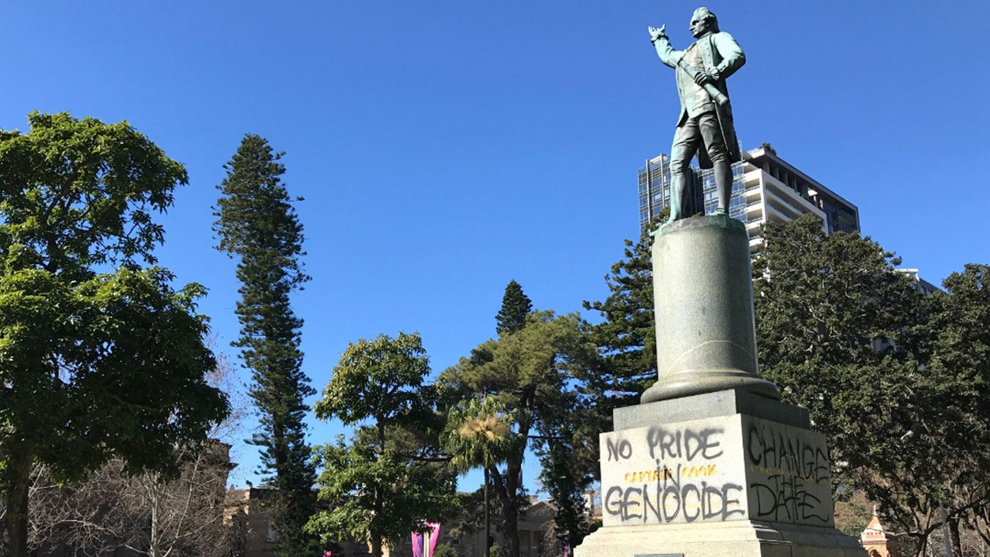 This statue of Captain James Cook was sprayed with slogans in 2017, in protest of Australia day.